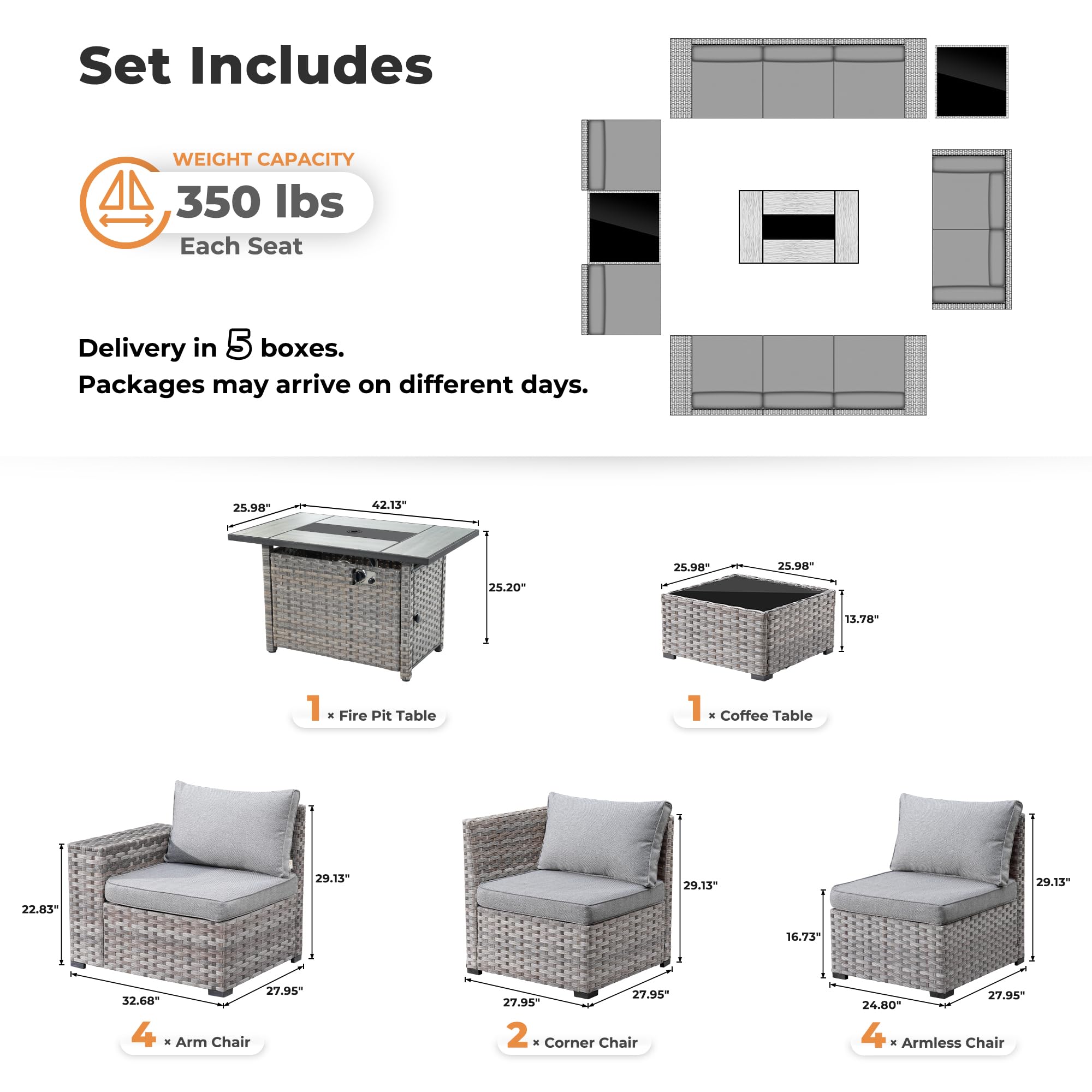 Ovios 13 Pieces Outdoor Furniture with 7.68'' Broad Handrails and Rectangle 42.12'' Fire Pit Table