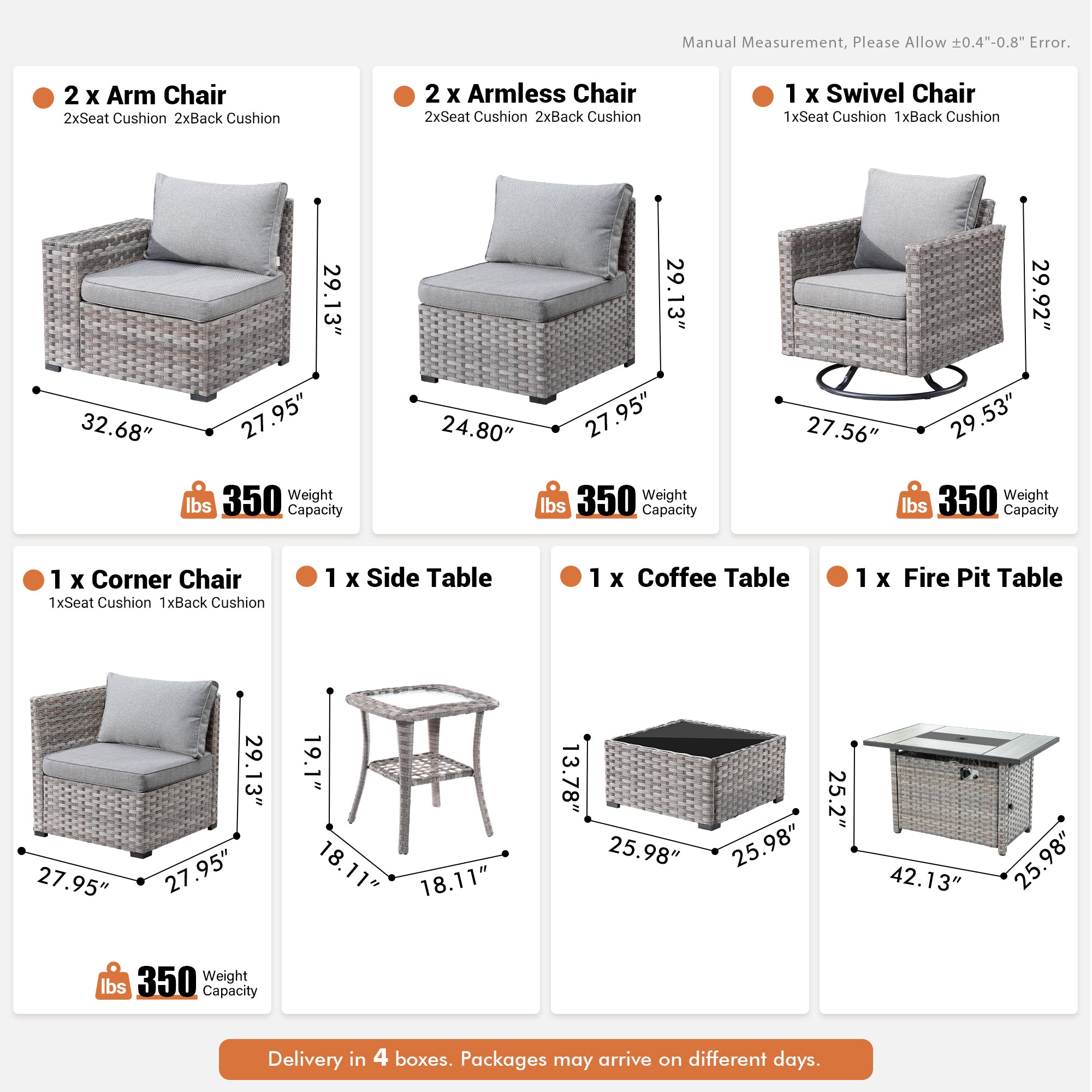 Dark Grey OVIOS 9-piece outdoor furniture set components diagram: arm chairs, armless chairs, swivel chair, tables, fire pit.