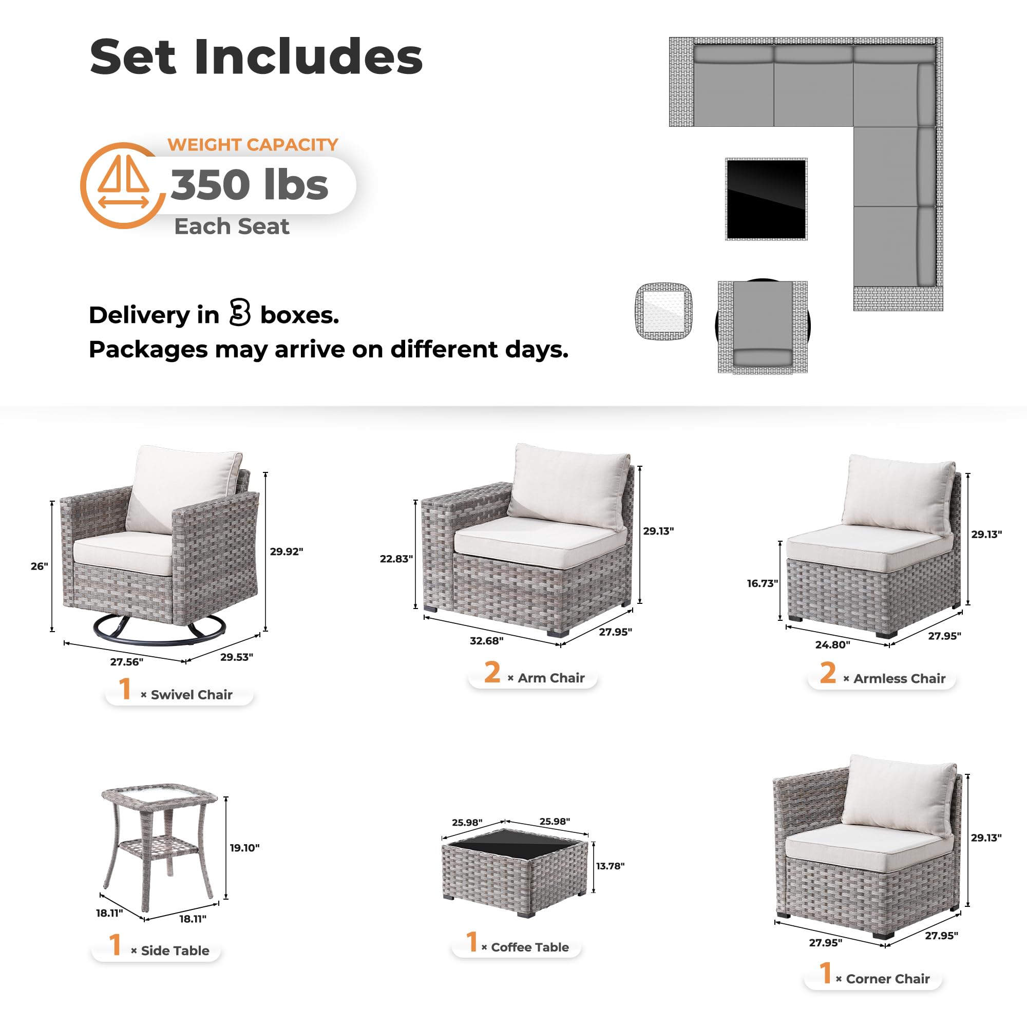 Ovios 8 Pieces Patio Furniture Set, Outdoor Sectional Sofa with Swivel Rocking Chair