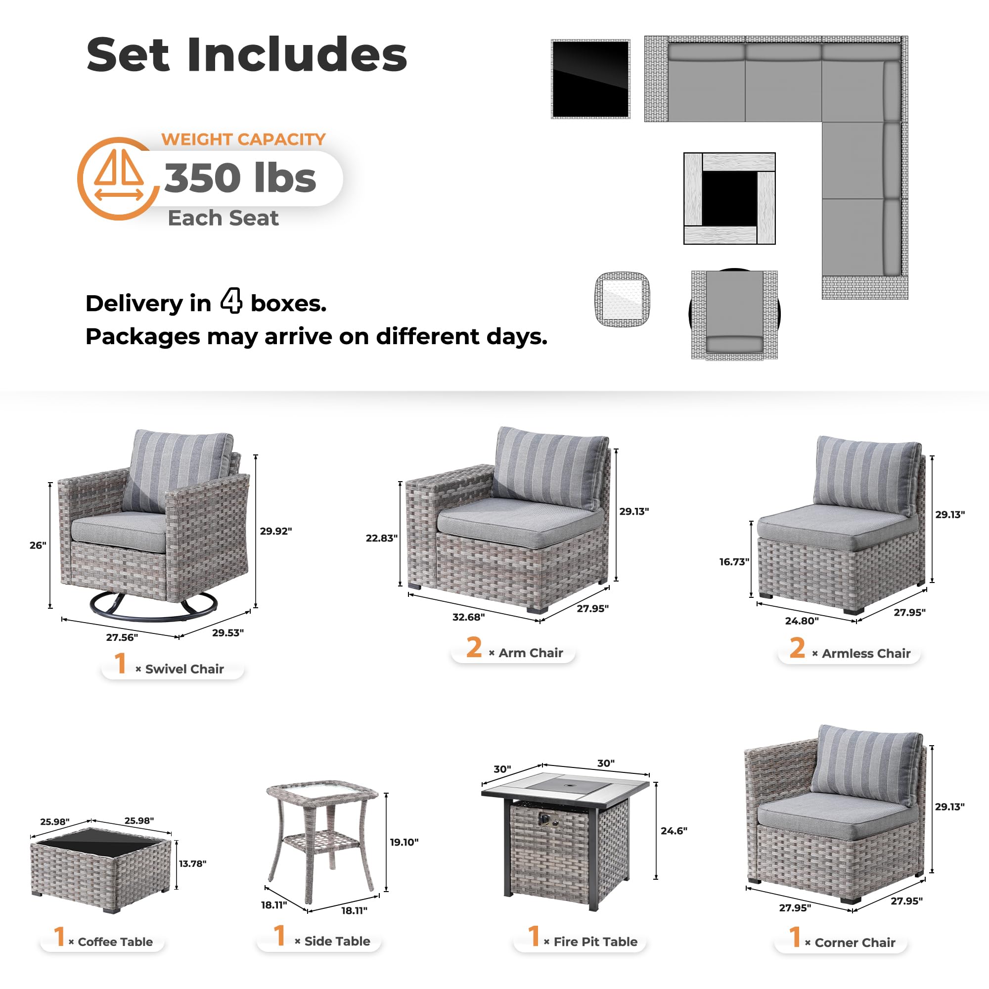 Ovios 9-piece patio set: components, dimensions, 350 lbs weight capacity, delivery info.strip grey