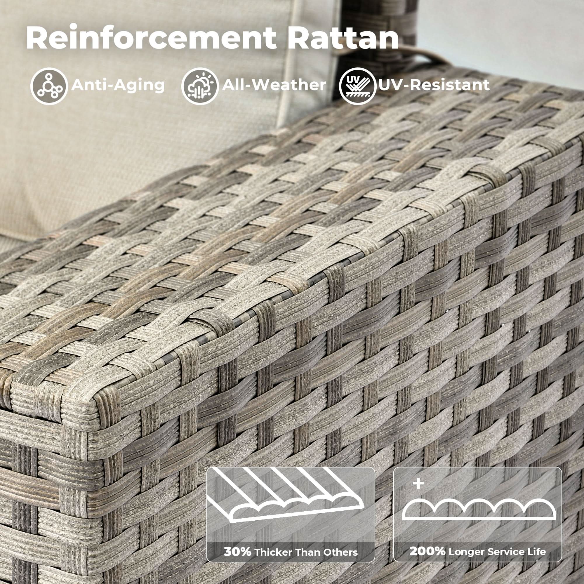 OVIOS outdoor sectional sofa detail with reinforced rattan, all-weather, UV-resistant, gray wicker, and ergonomic design.Beige