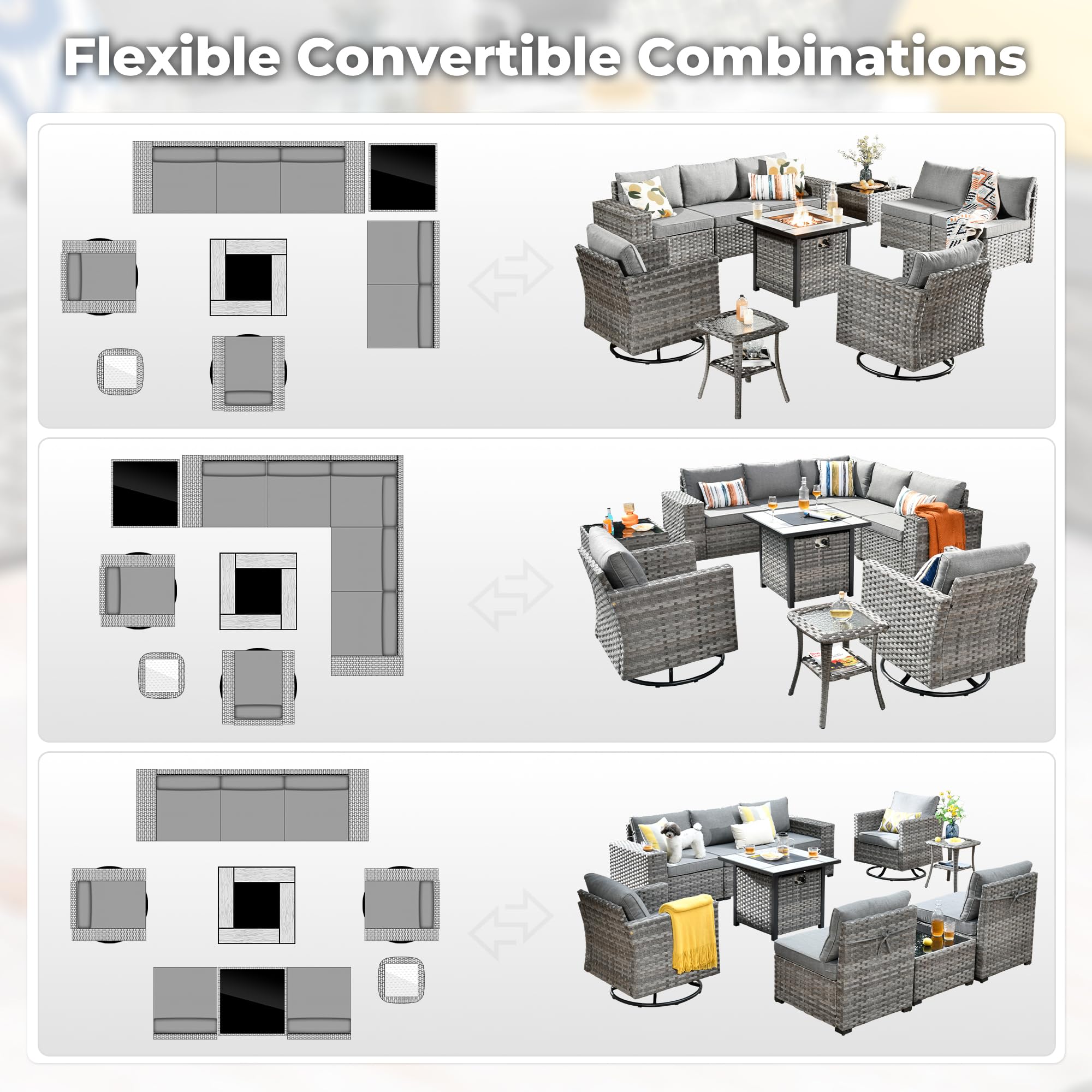 Flexible convertible patio furniture set combinations, gray wicker sectional sofa with fire pit table and swivel chairs