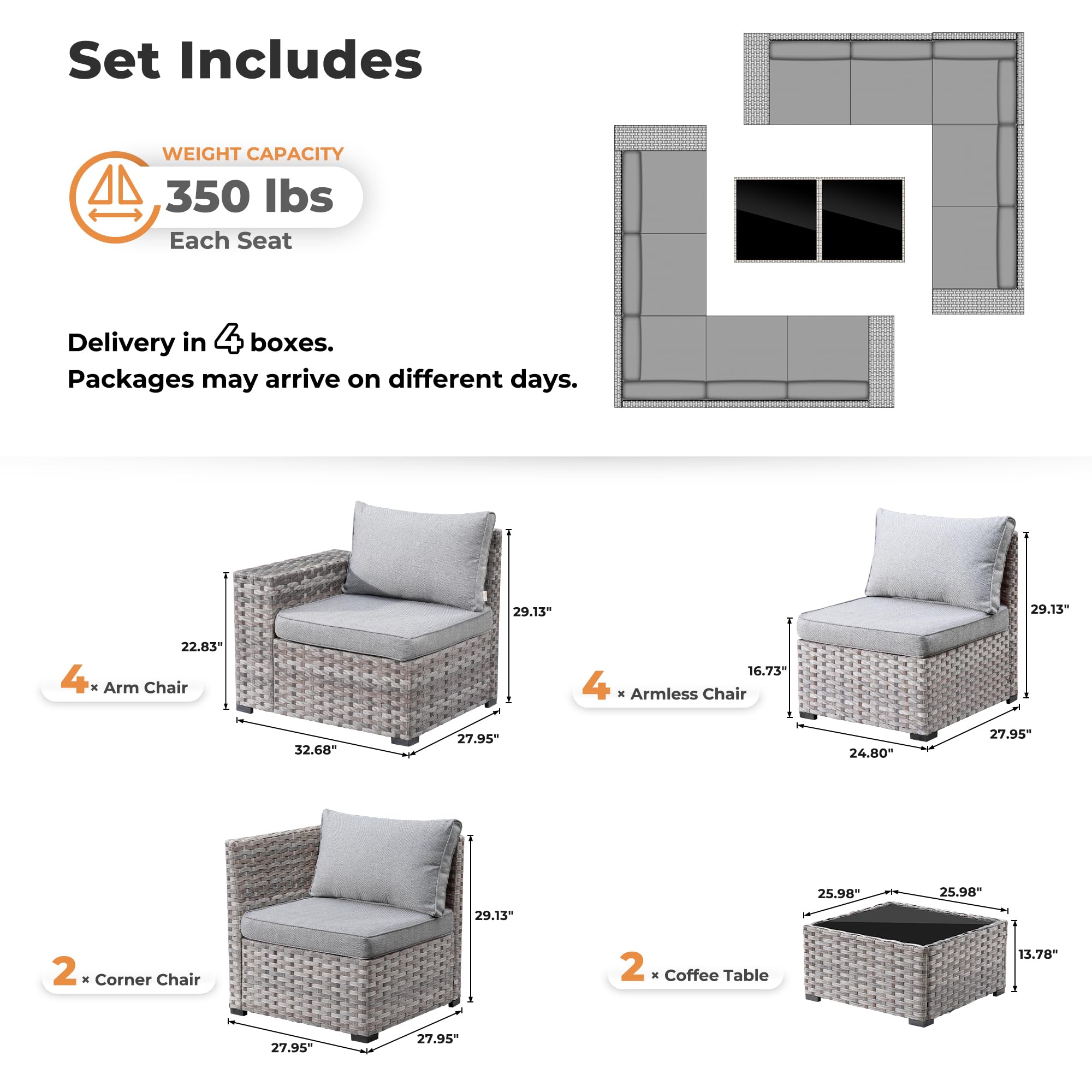 OVIOS 12 Pieces Patio Conversation Set with 7.68'' Broad Handrails