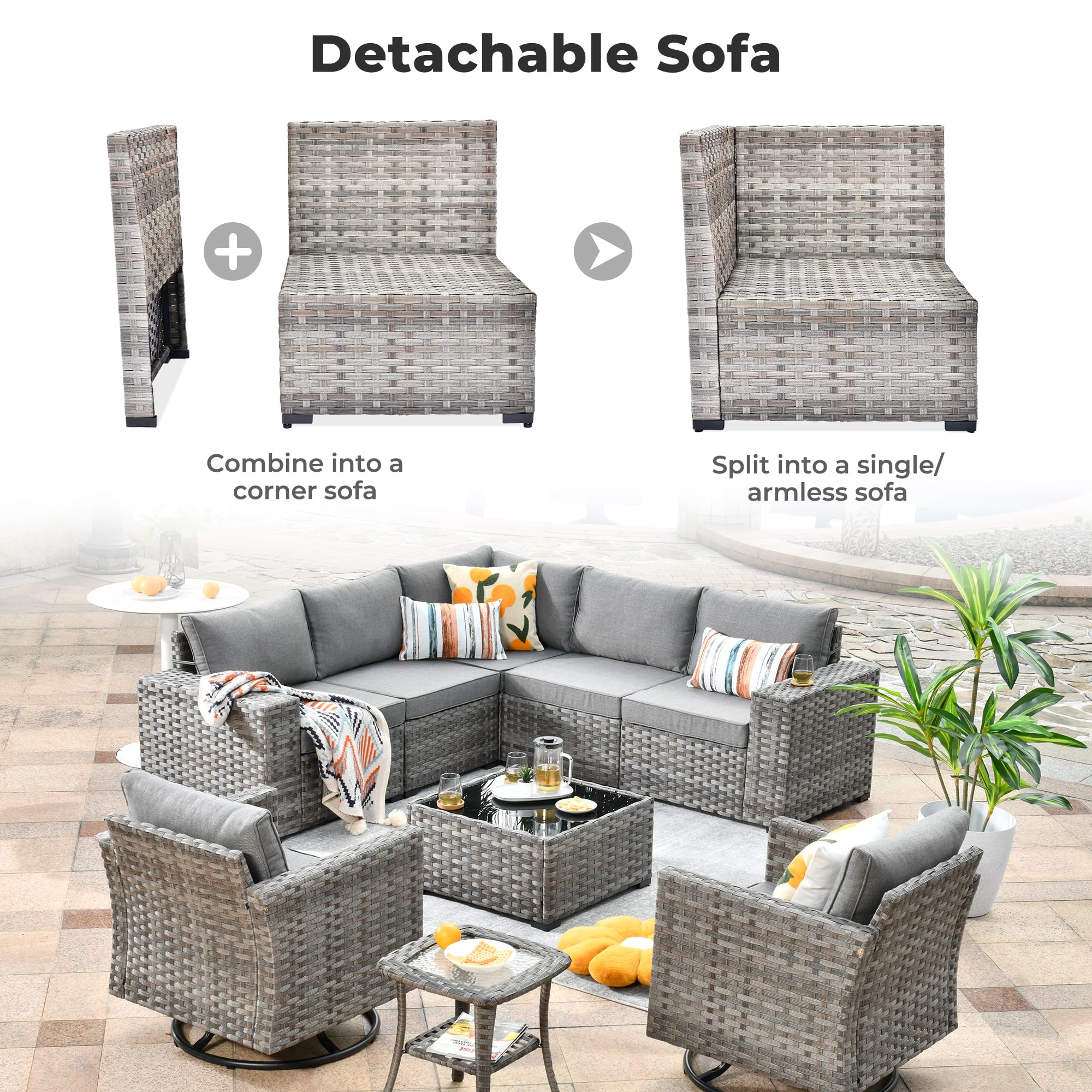 OVIOS Detachable Sofa in gray wicker. Convert to corner or armless sofa for patio layouts