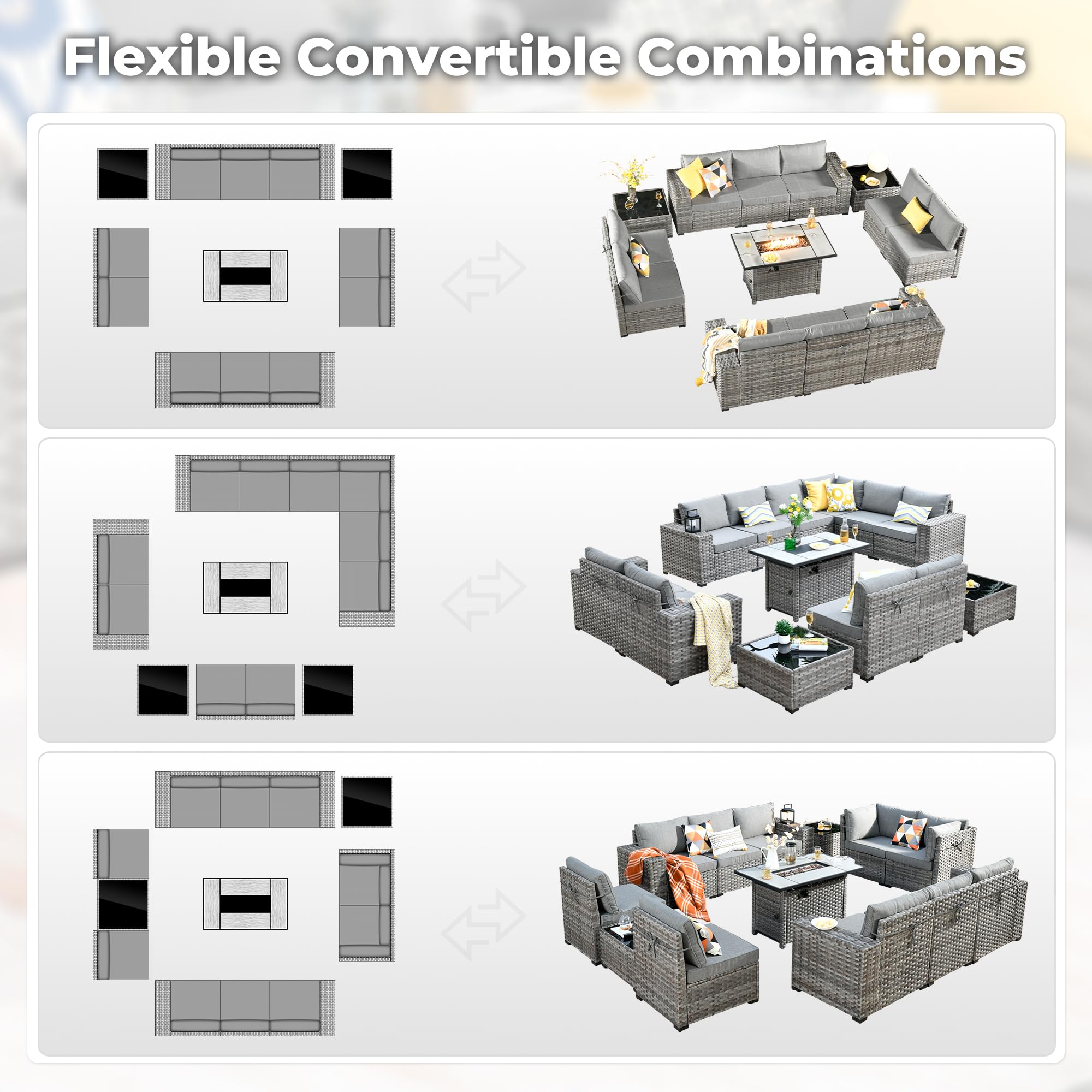 Ovios 13 Pieces Outdoor Furniture with 7.68'' Broad Handrails and Rectangle 42.12'' Fire Pit Table