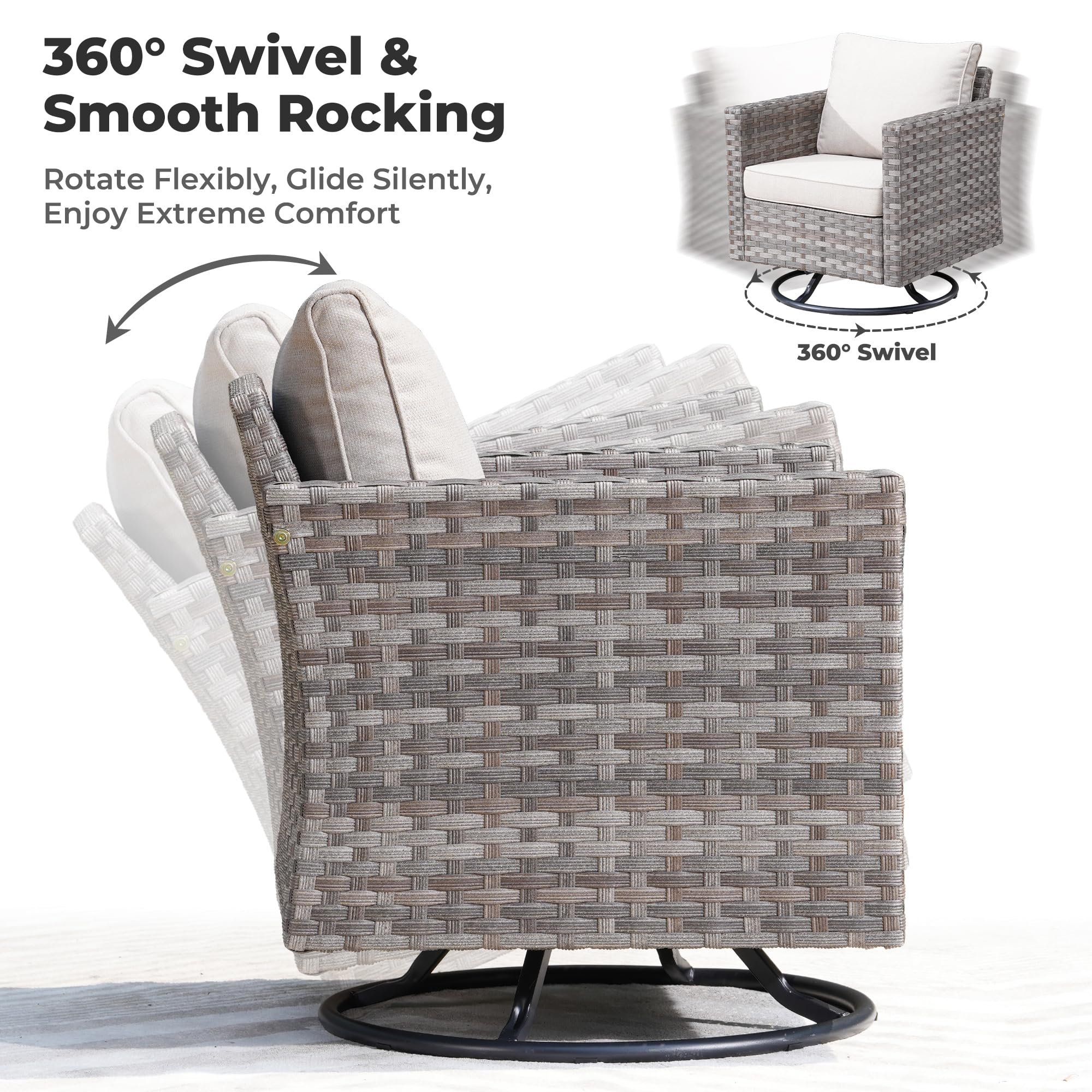 OVIOS swivel patio chair, 360-degree rotation and smooth rocking, gray wicker, cream cushion.