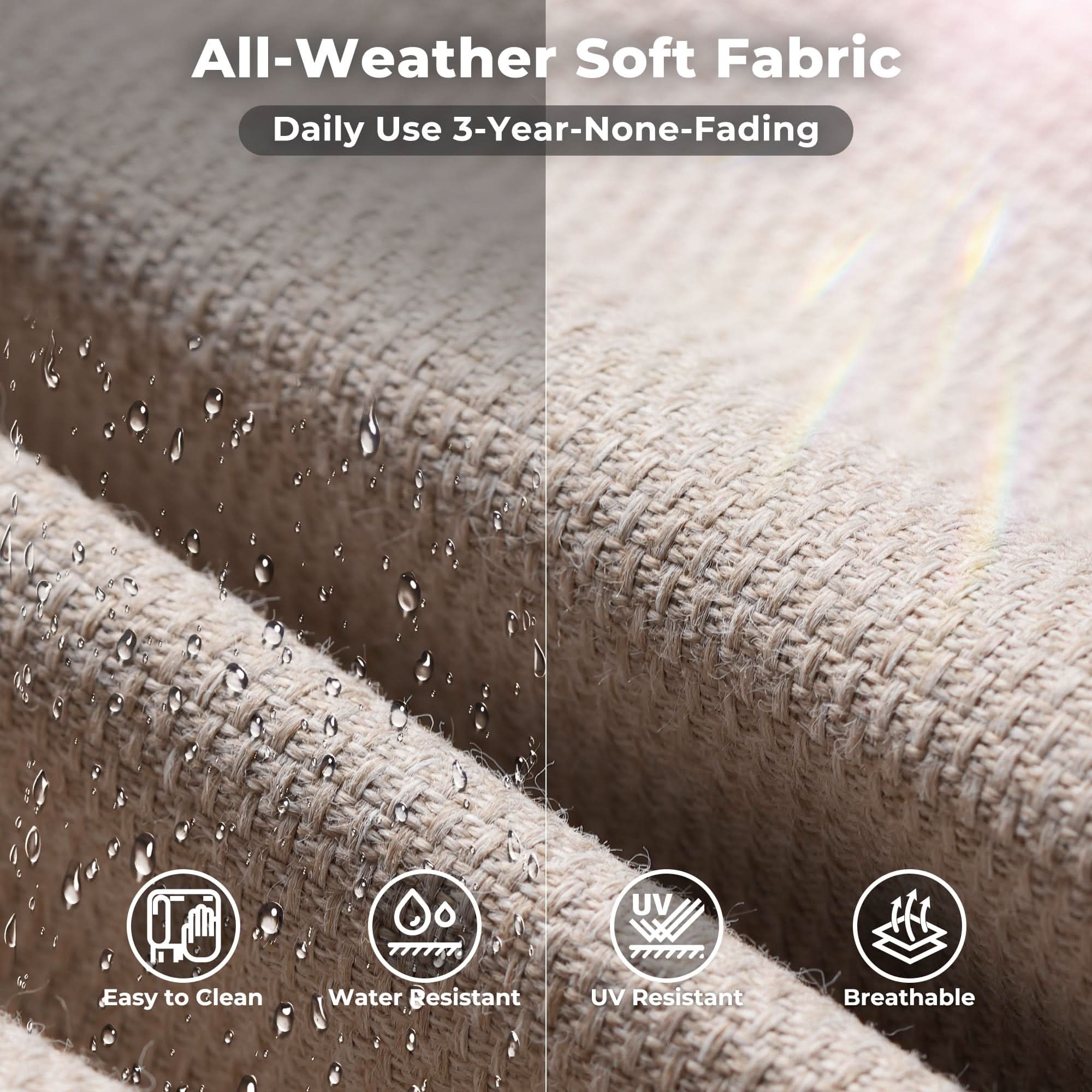 #Color_Beige | OVIOS all-weather beige sofa fabric detail: UV resistant, breathable, easy clean, and 3-year-none-fading outdoor cushion.