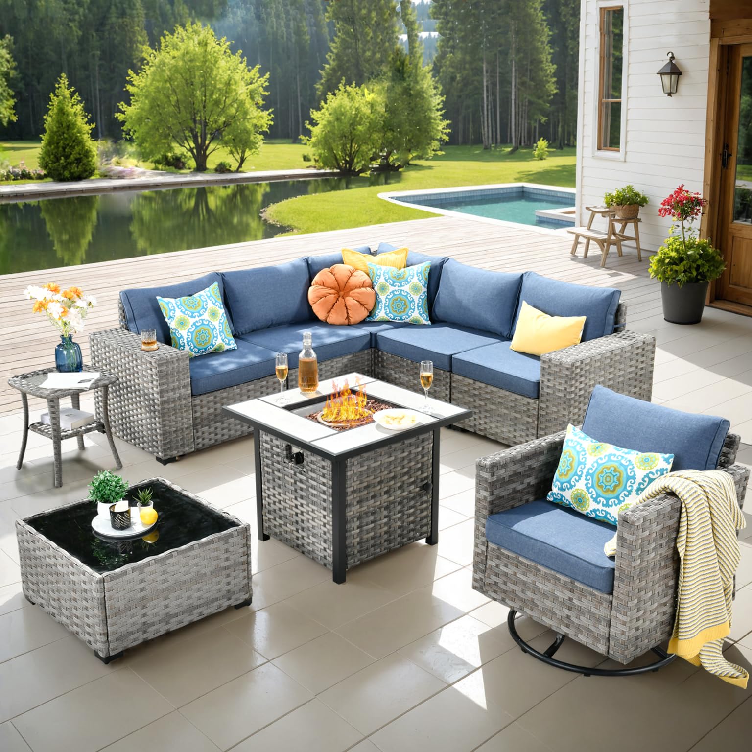 Ovios 9 Pieces Patio Furniture Set, Outdoor Sectional Sofa with Swivel Rocking Chair, 30" Fire Pit Table