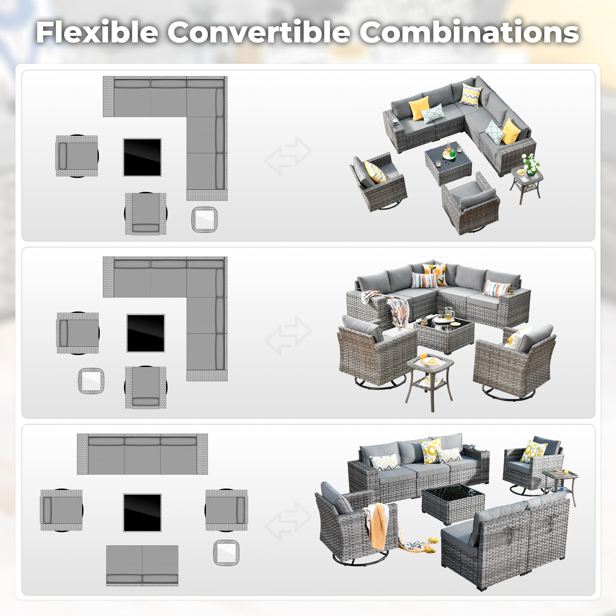 Dark Grey | OVIOS 9-Piece Outdoor Furniture Set - Flexible convertible combinations, gray wicker patio furniture set