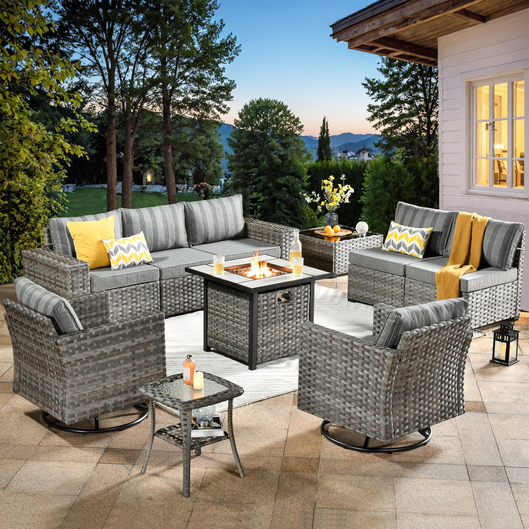 OVIOS 10-Piece Patio Furniture Set with fire pit, gray wicker, and swivel chairs, ideal for outdoor relaxation.