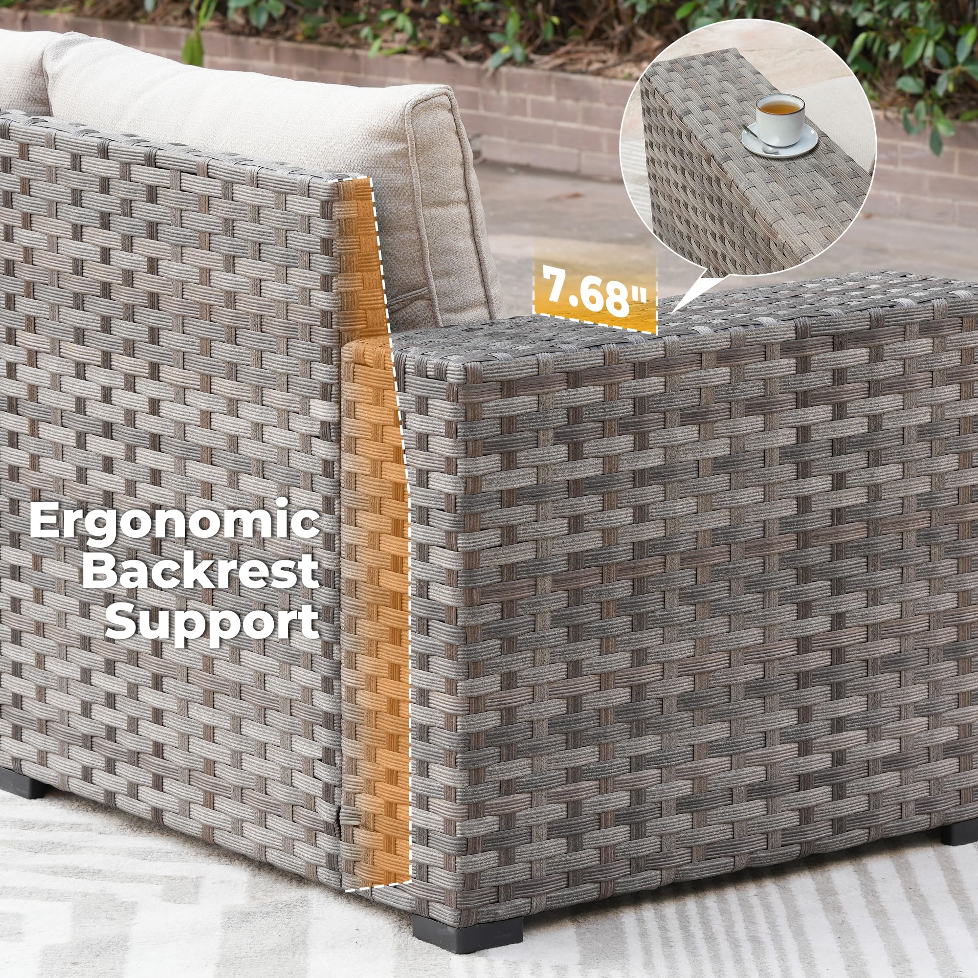 OVIOS Outdoor Sectional Sofa detail: 7.68" armrest and ergonomic backrest support with gray wicker.