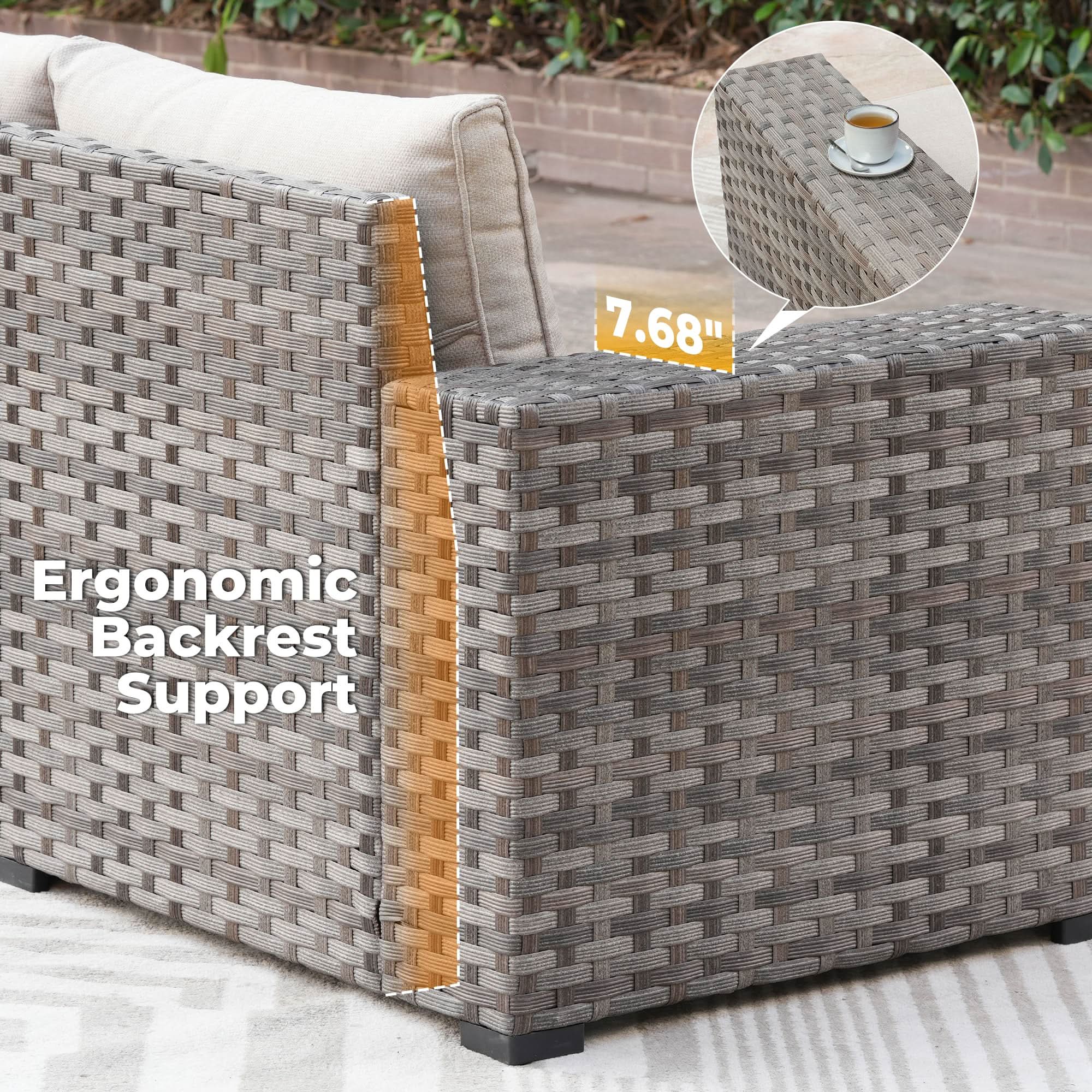 OVIOS Outdoor Sectional Sofa detail: 7.68" armrest and ergonomic backrest support with gray wicker.
