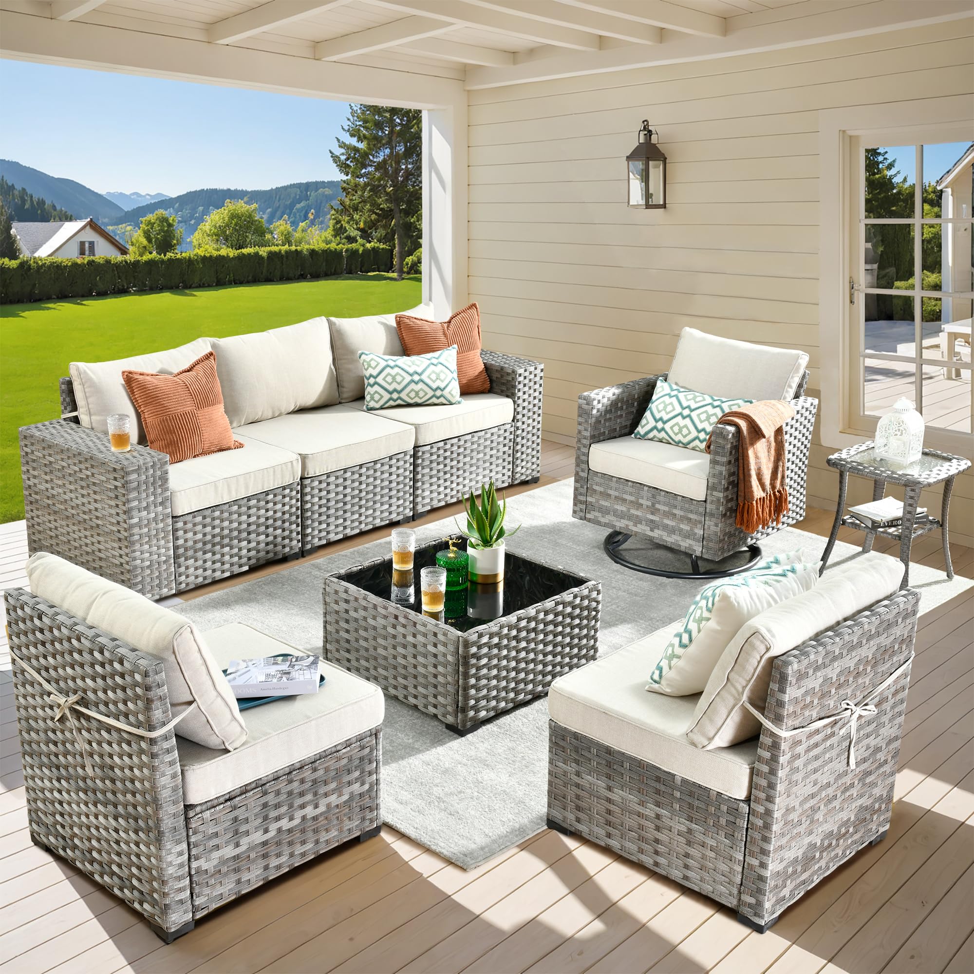 Beige | Ovios 8-piece modular patio sectional sofa set with grey all-weather wicker and swivel chairs.