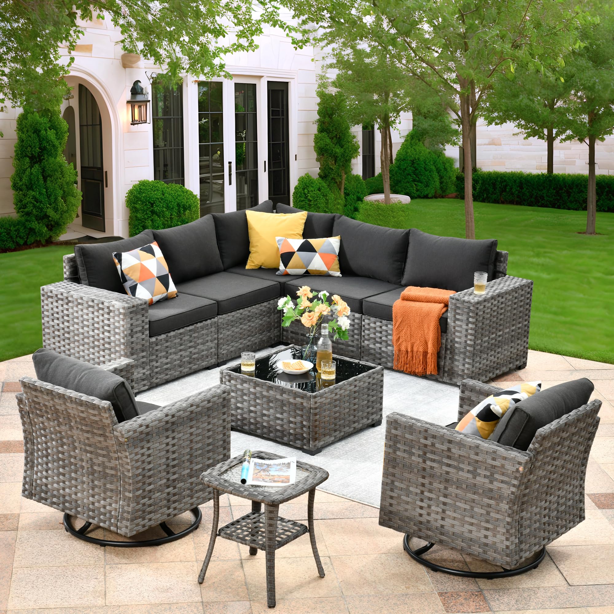 Black | OVIOS 9-Piece Outdoor Furniture Set with gray wicker and swivel chairs on patio