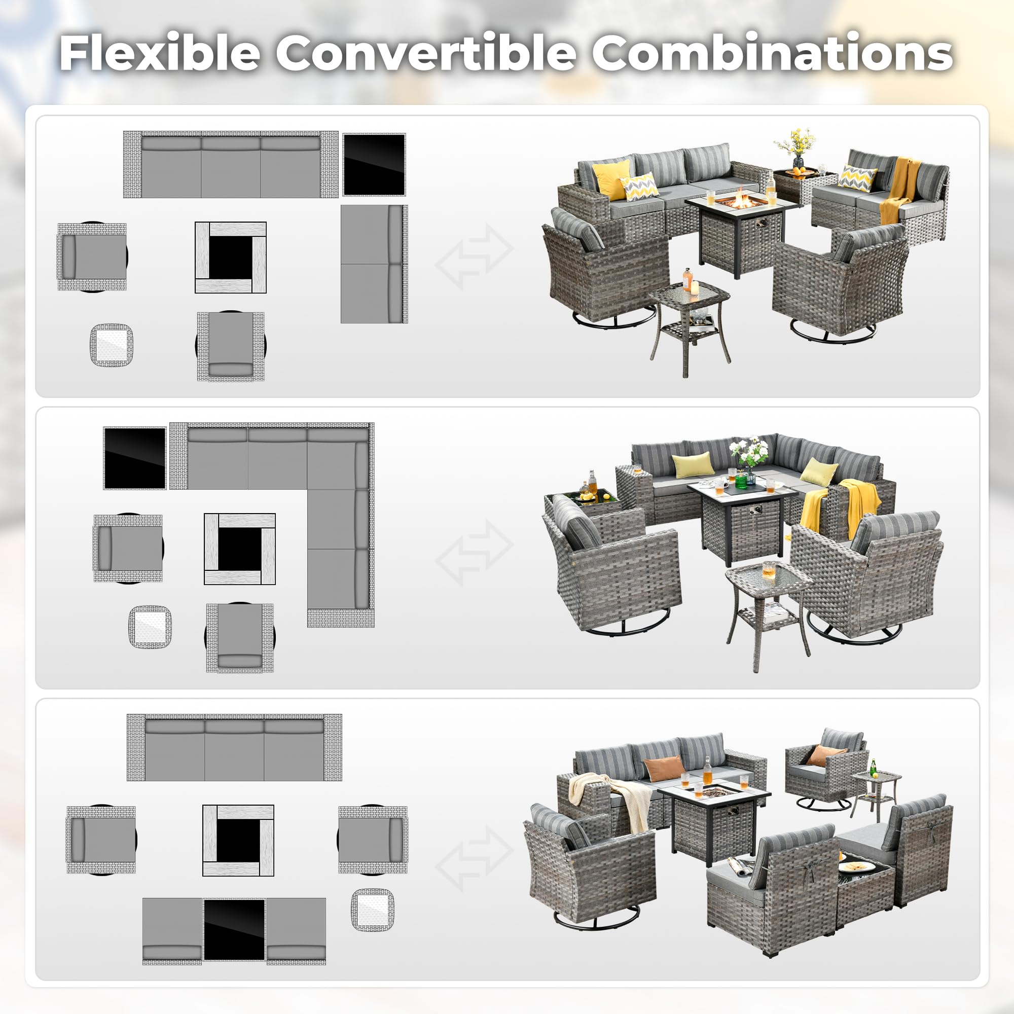OVIOS convertible patio furniture set configurations: gray wicker sectional sofa with fire pit table and swivel chairs