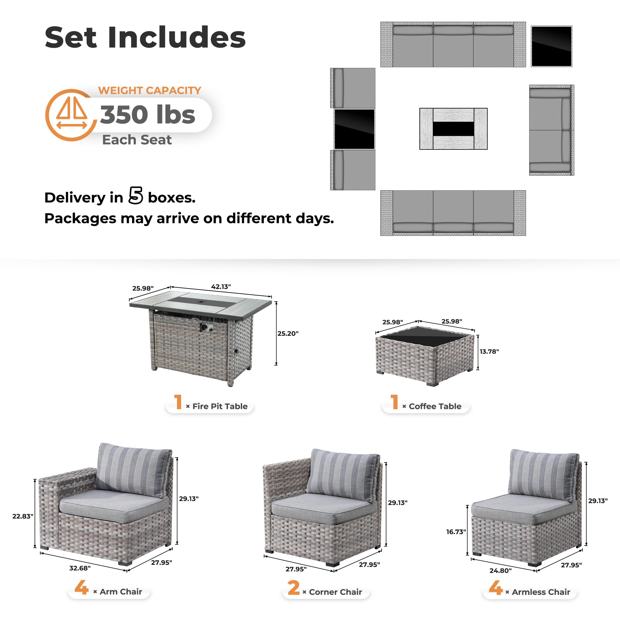 Ovios 13 Pieces Outdoor Furniture with 7.68'' Broad Handrails and Rectangle 42.12'' Fire Pit Table