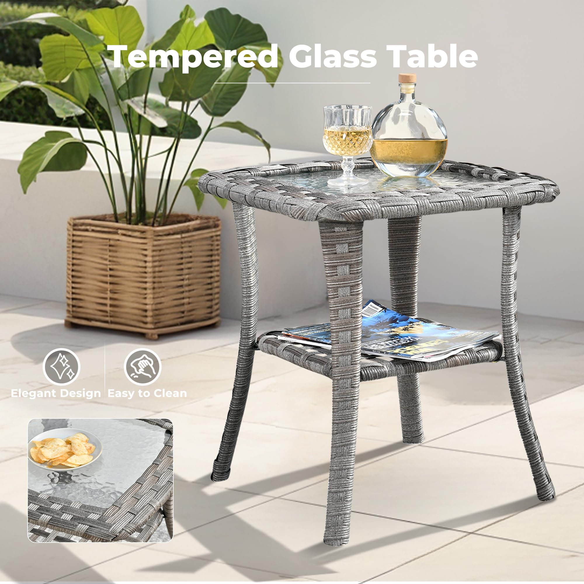OVIOS Tempered Glass Patio Side Table with gray wicker and glass top, elegant design, easy to clean.