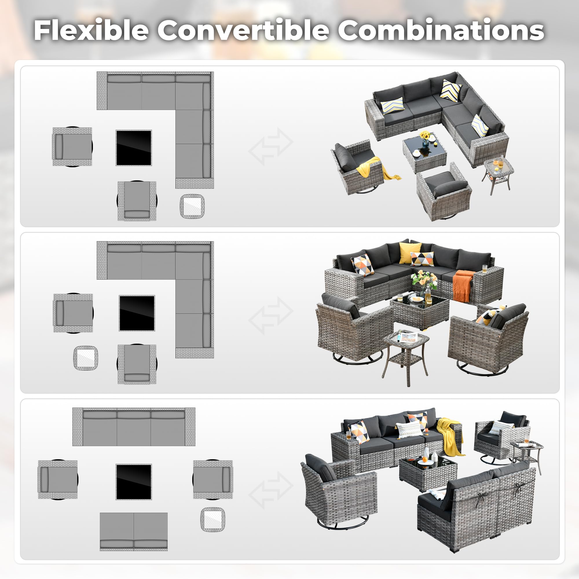 Black | OVIOS 9-Piece Outdoor Furniture Set with flexible convertible combinations in gray wicker, ideal for various patio layouts