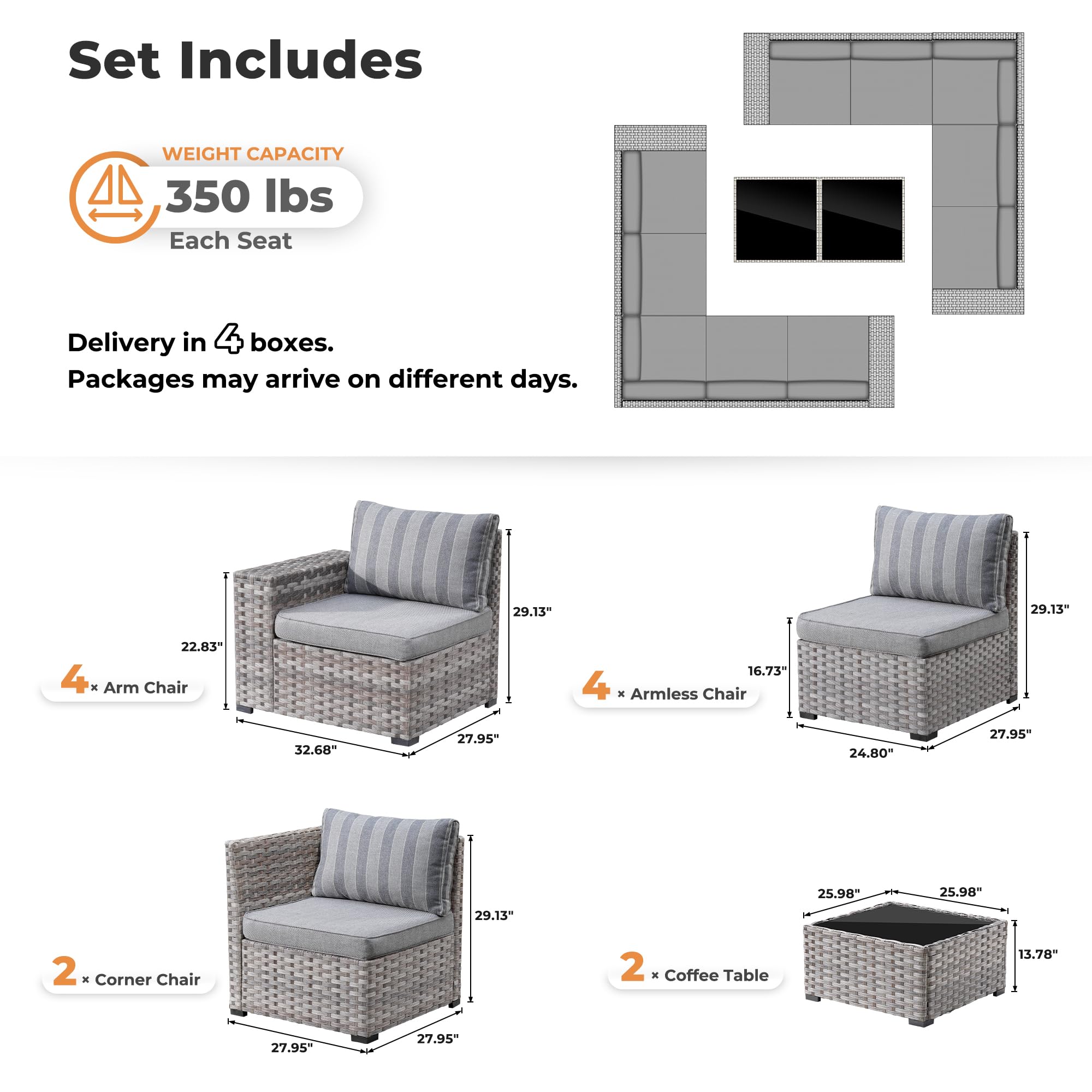 OVIOS 12 Pieces Patio Conversation Set with 7.68'' Broad Handrails