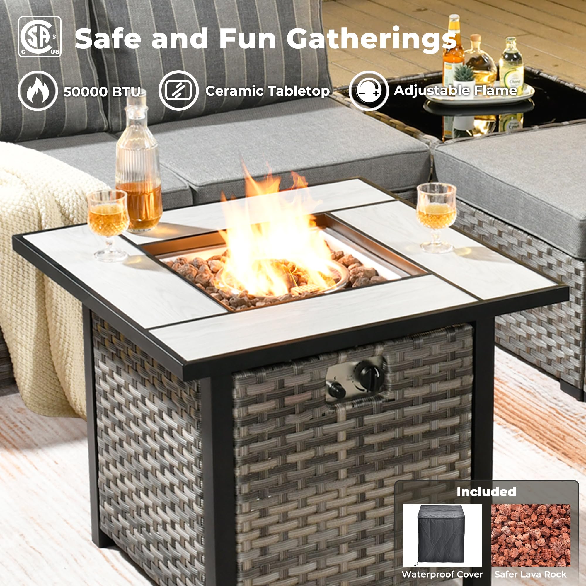 OVIOS fire pit table with ceramic tabletop, gray wicker base, adjustable flame, for outdoor gatherings