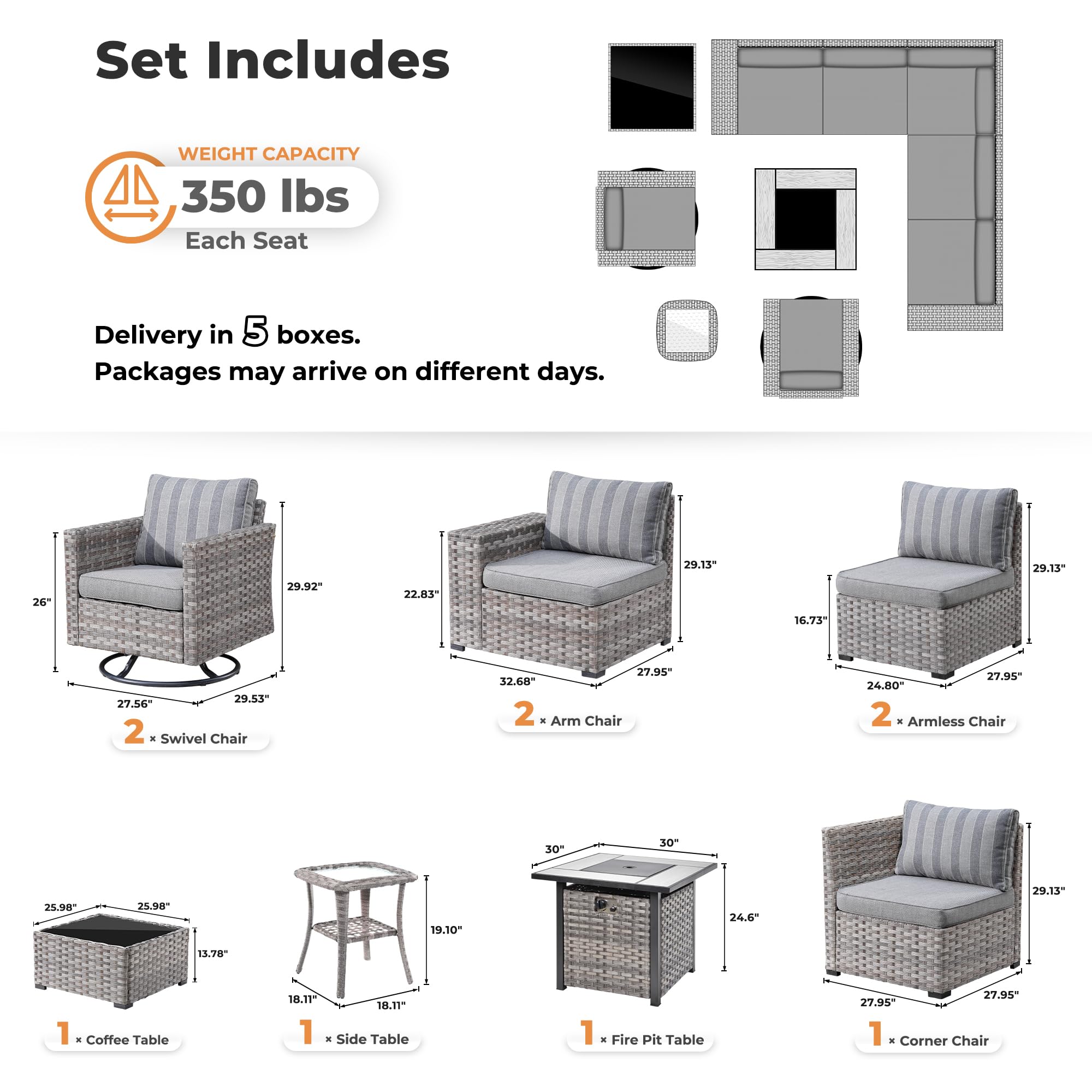 OVIOS 10-Piece Patio Set: Gray wicker sectional, fire pit table, swivel chairs, gray cushions, and dimensions.