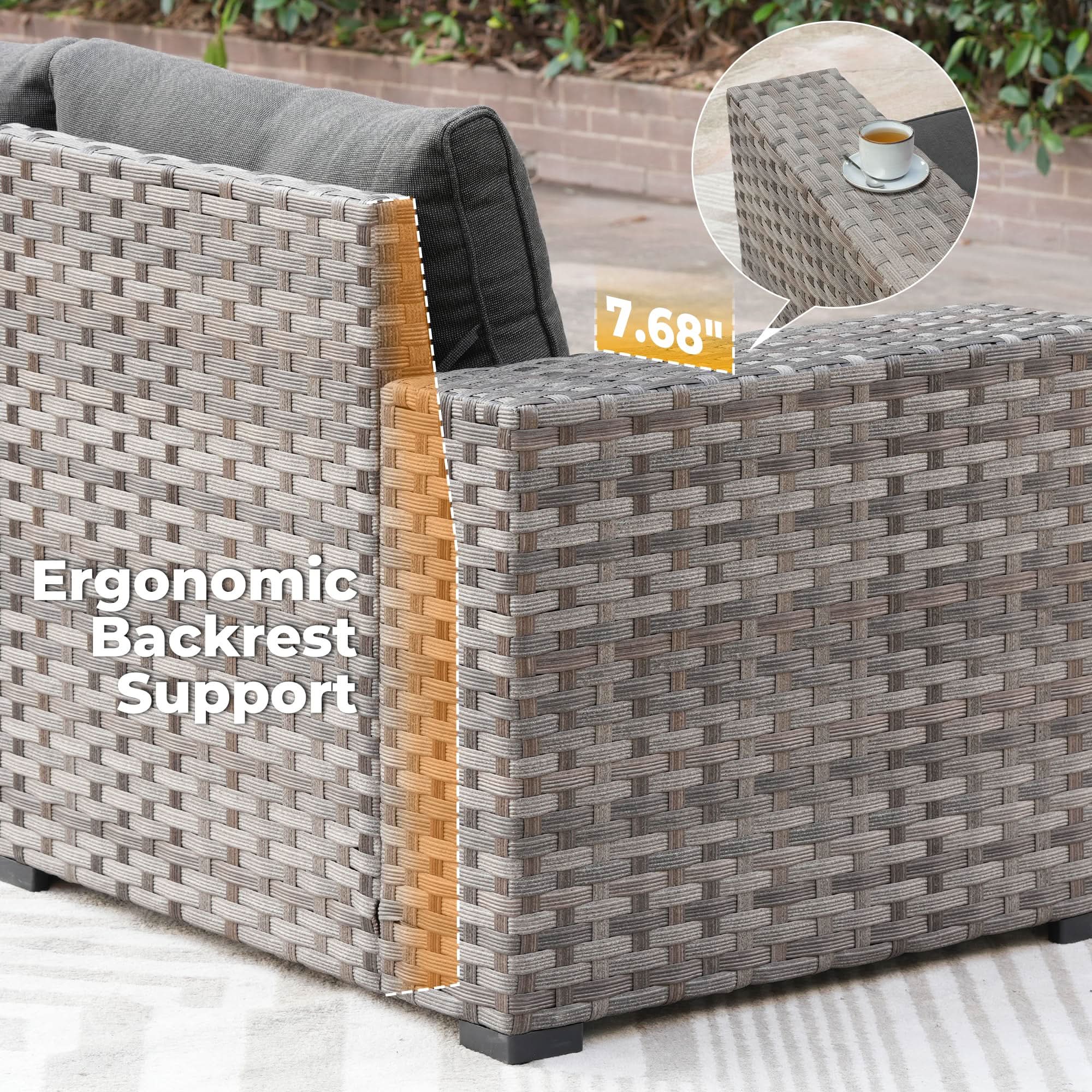 OVIOS outdoor sectional sofa with 7.68" armrest and ergonomic backrest support, gray wicker frame.Black