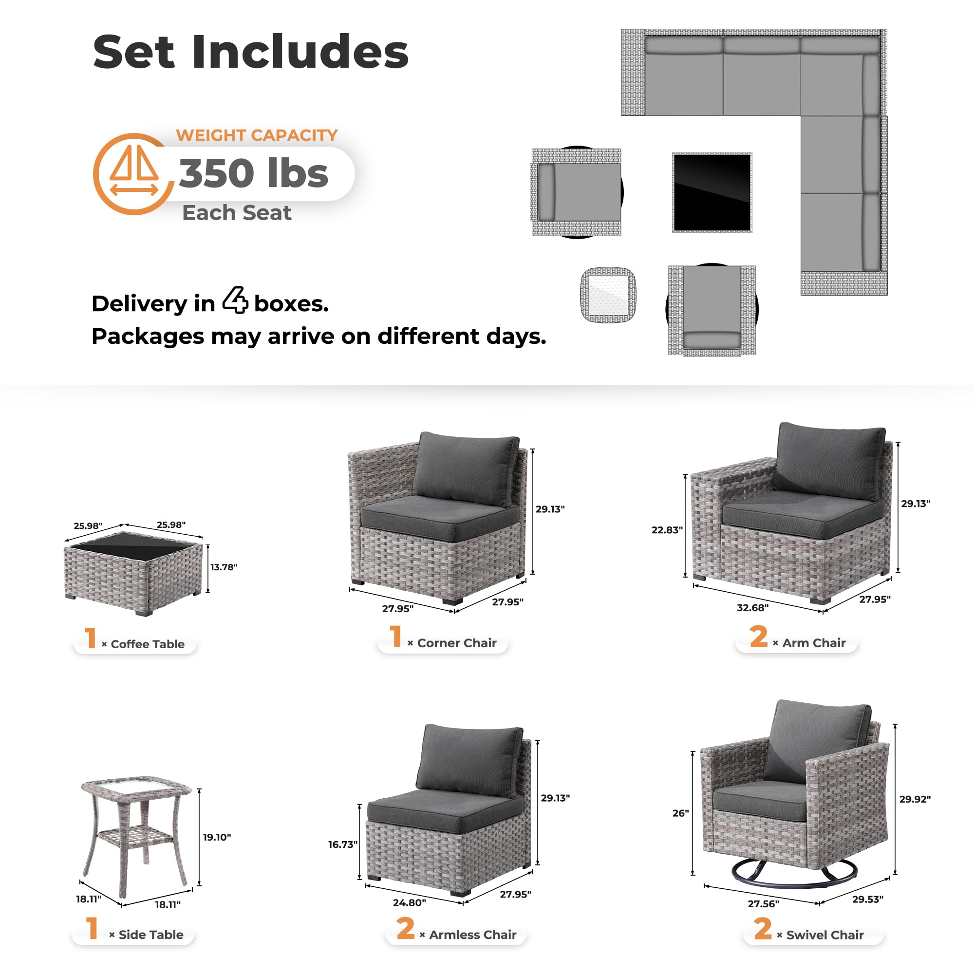 OVIOS 9-Piece outdoor furniture set diagram with gray wicker and swivel chairs. Features dimensions and 350 lbs capacity.