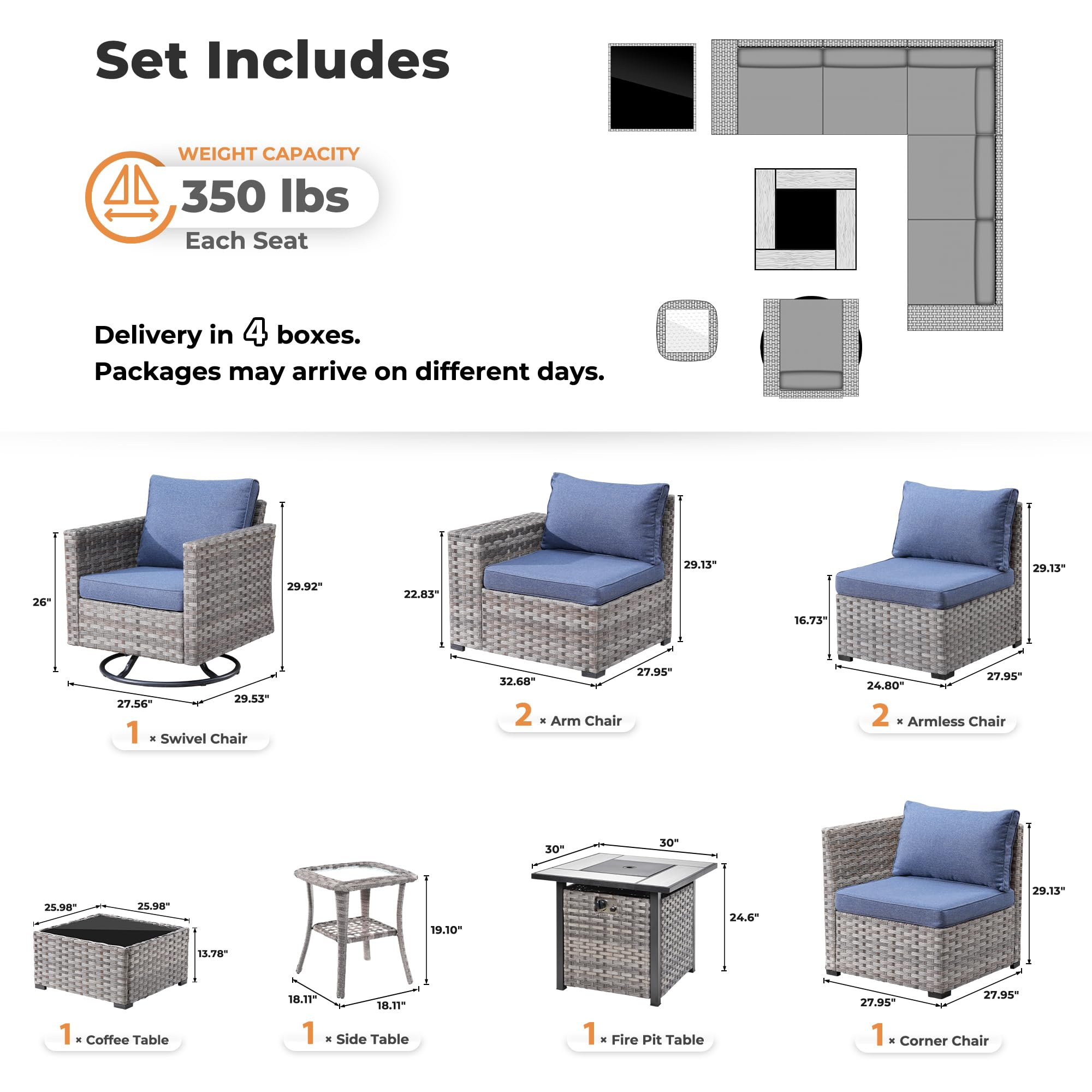 Denim Blue Ovios 9-piece rattan patio furniture set with sectional sofa, swivel chair, fire pit.