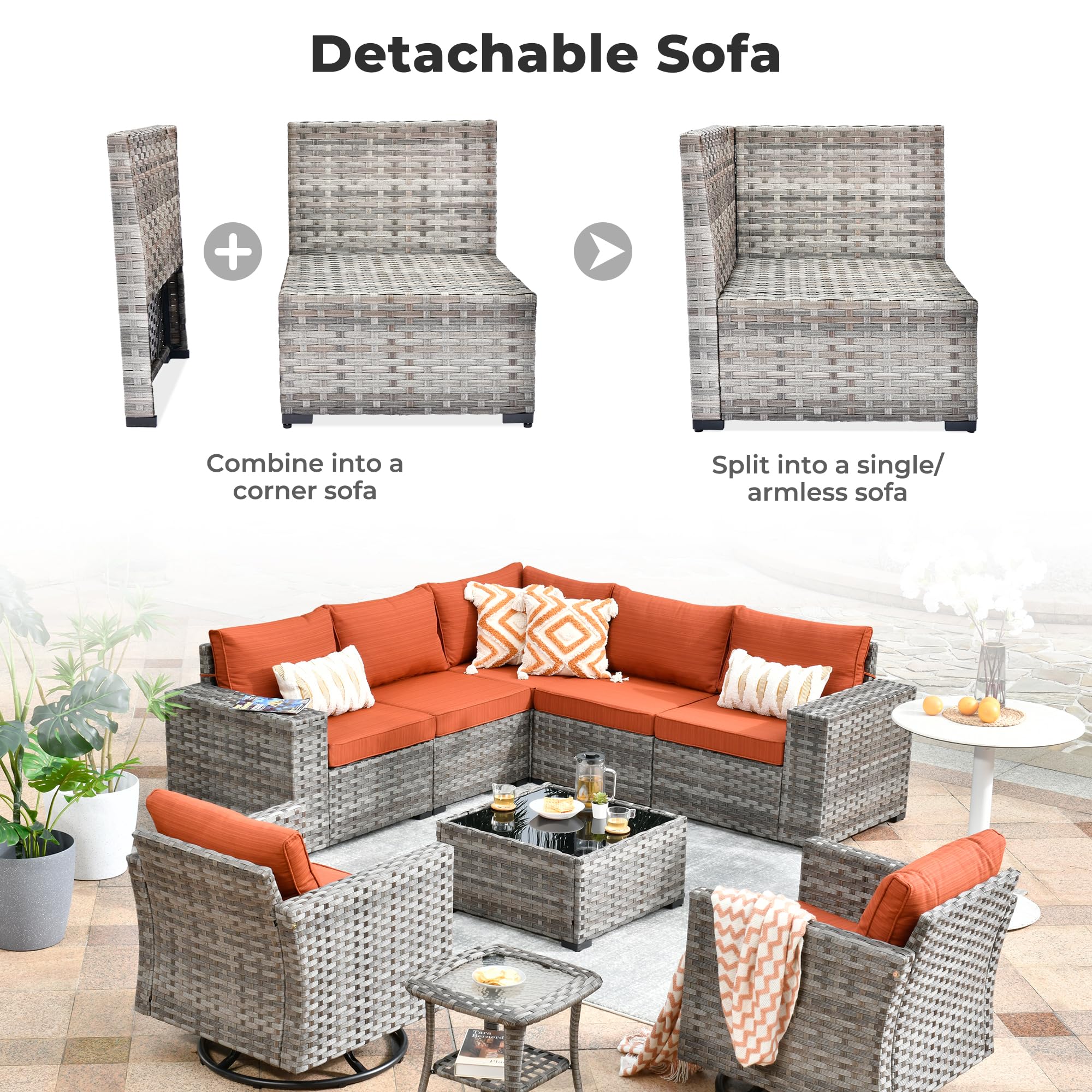 OVIOS Detachable Outdoor Sofa Set in Gray Wicker with Orange Red Cushions, Versatile patio furniture