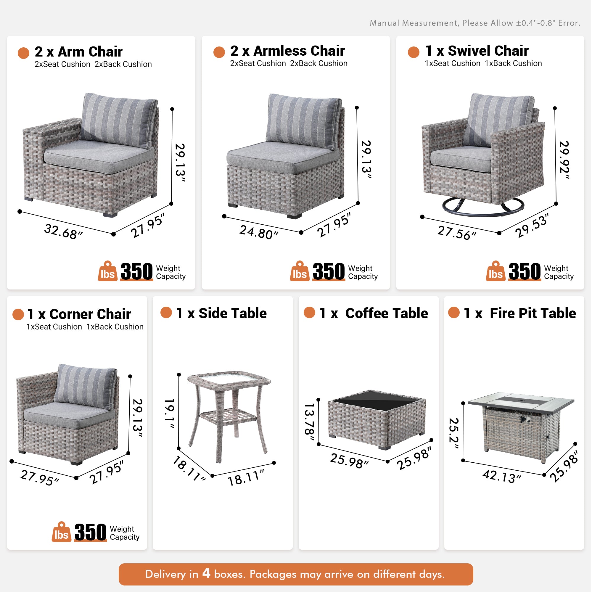 OVIOS 9-piece outdoor furniture set: arm chairs with wide armrests, swivel chair, tables & dimensions.strip grey