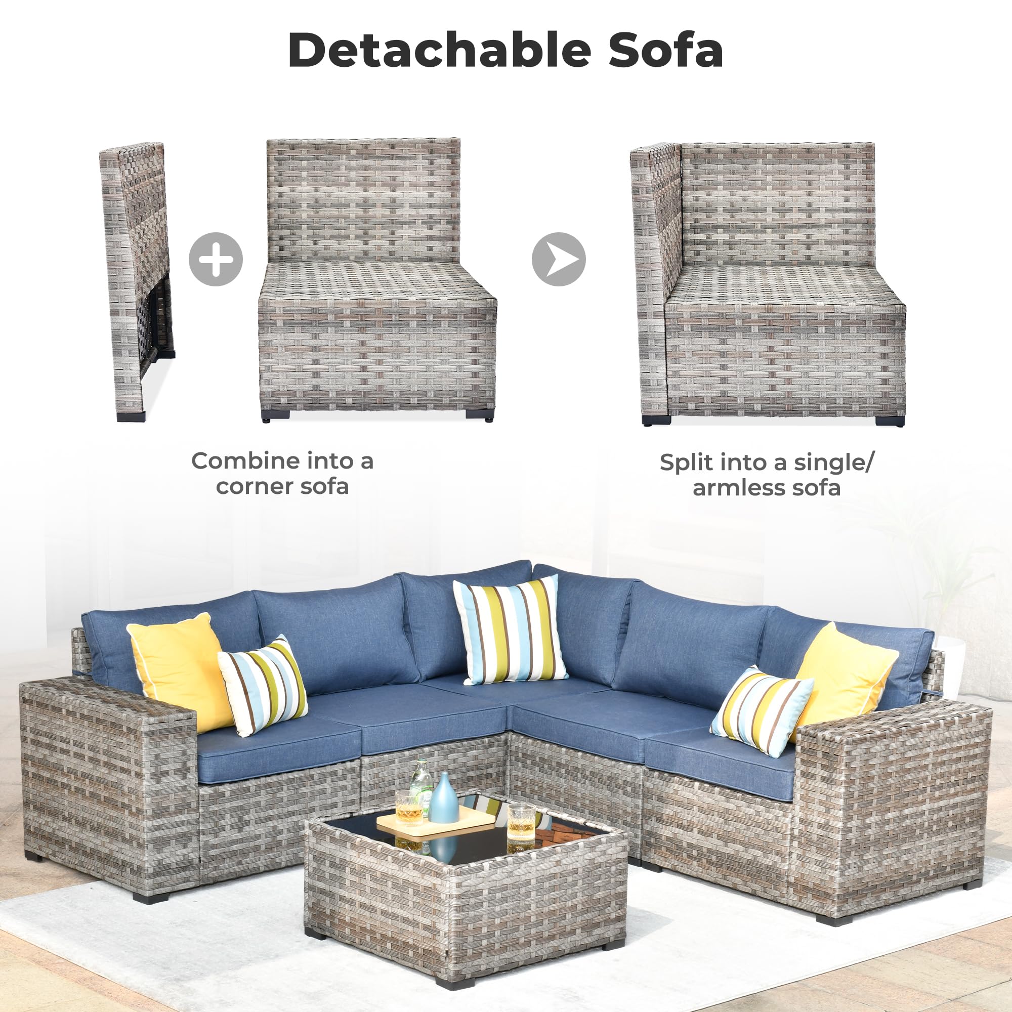 OVIOS Detachable Sectional Sofa, gray wicker, convertible design, corner or single sofa. Patio furniture set.