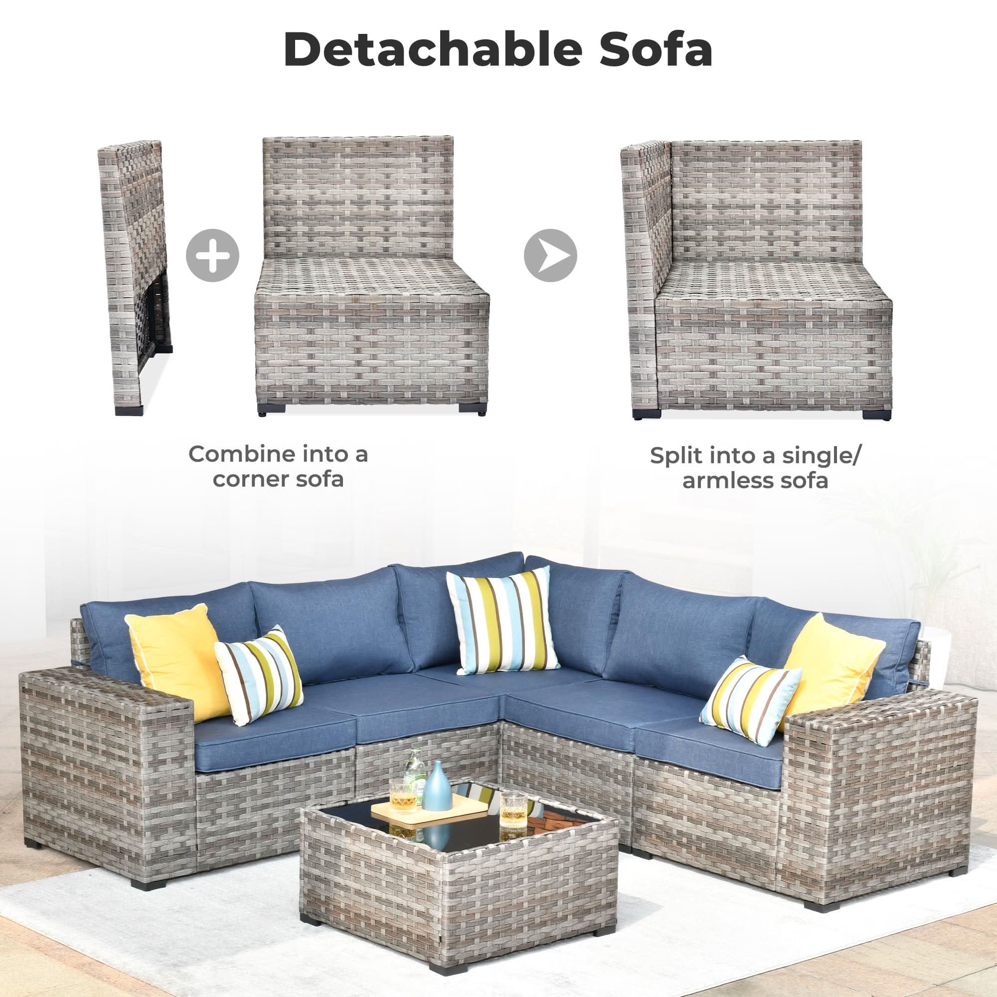 Denim Blue |OVIOS Detachable Sectional Sofa, gray wicker, convertible design, corner or single sofa. Patio furniture set.