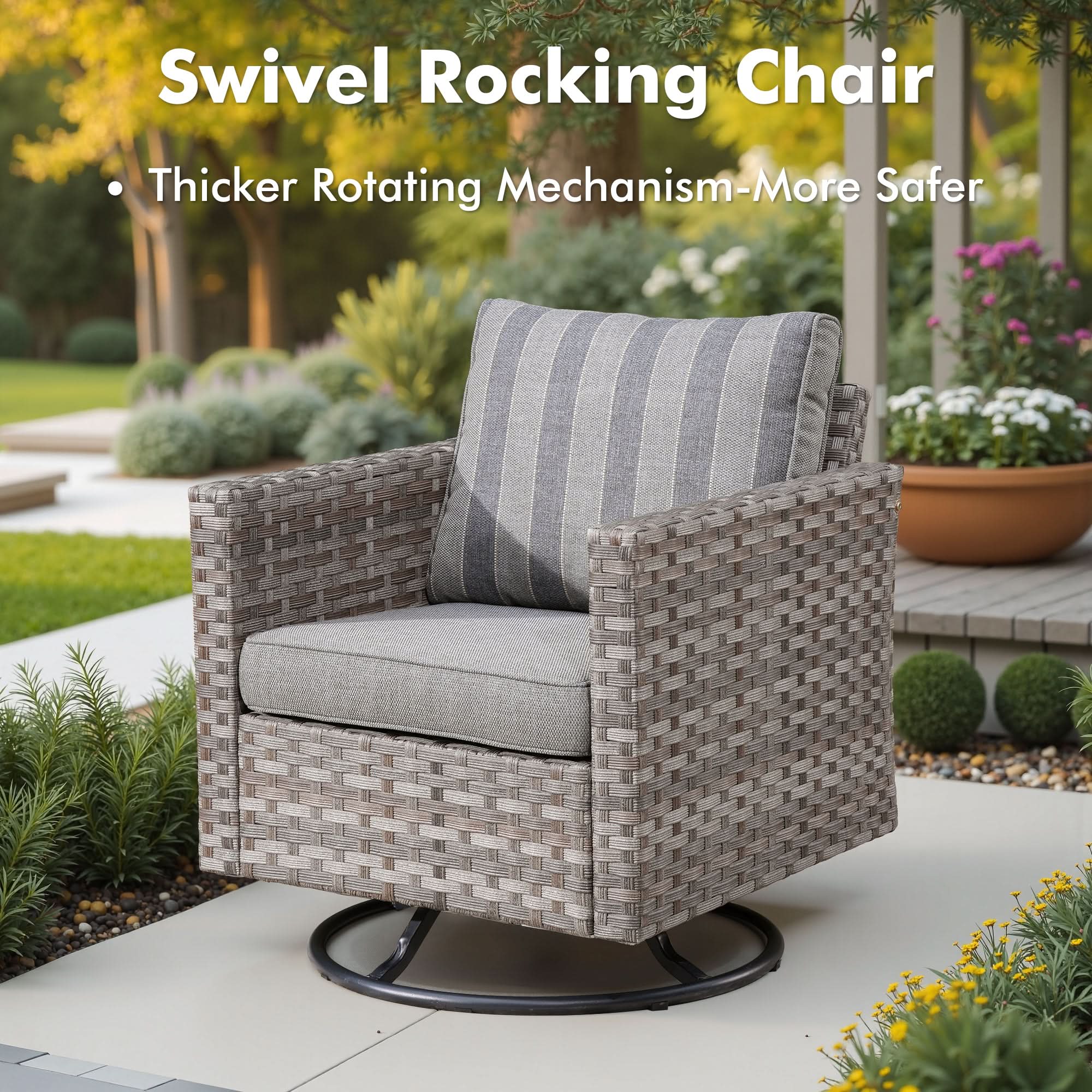 OVIOS outdoor swivel rocking chair with wide armrests, strip grey cushion, rotating base.