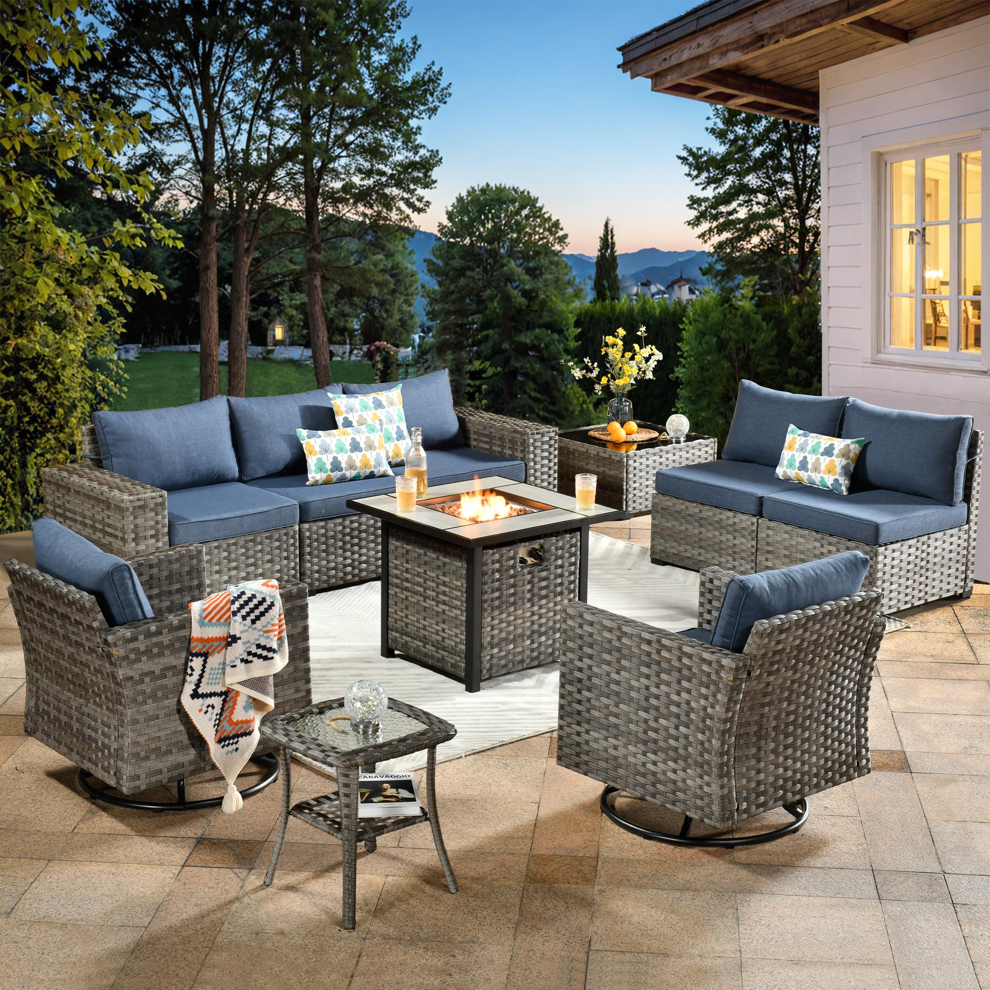 OVIOS 10-Piece Patio Furniture Set with fire pit table, gray wicker and blue cushions, perfect for outdoor relaxation