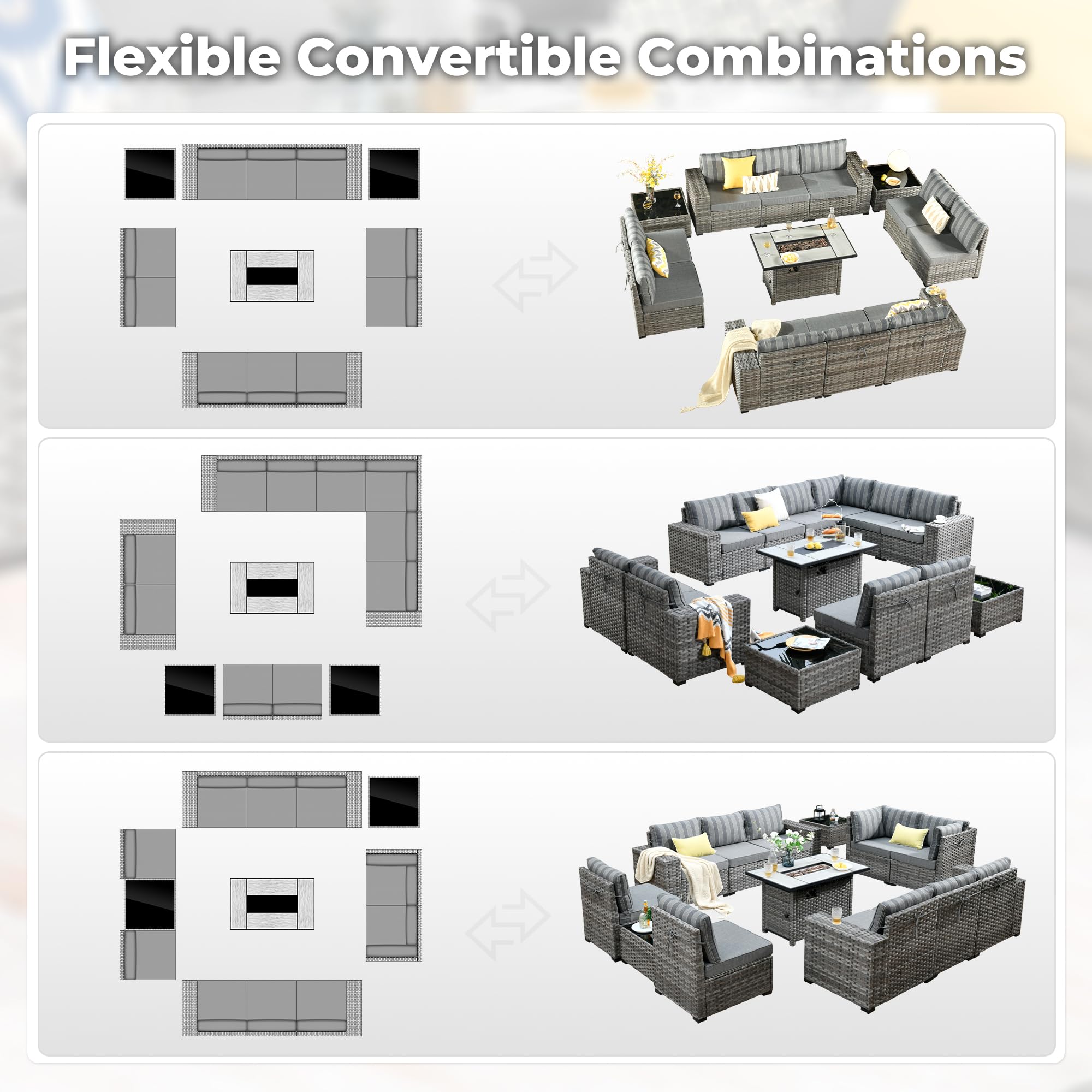 Ovios 13 Pieces Outdoor Furniture with 7.68'' Broad Handrails and Rectangle 42.12'' Fire Pit Table