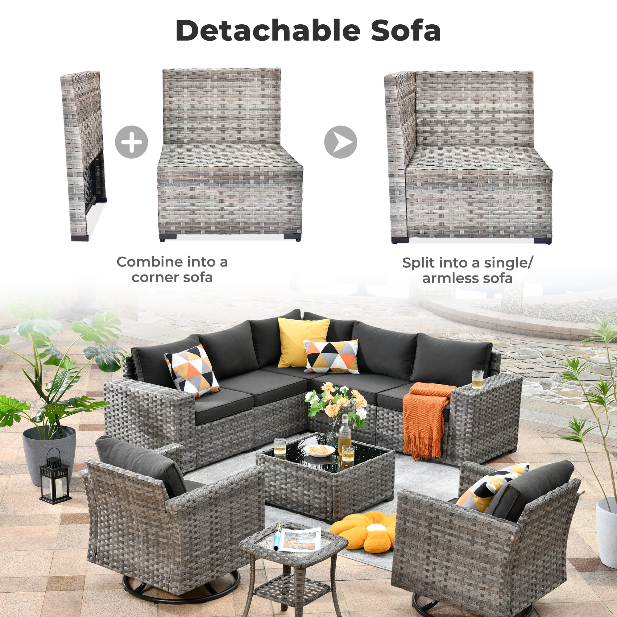 Black | OVIOS Detachable Sofa in gray wicker, convertible to corner or armless sofa for patio layouts