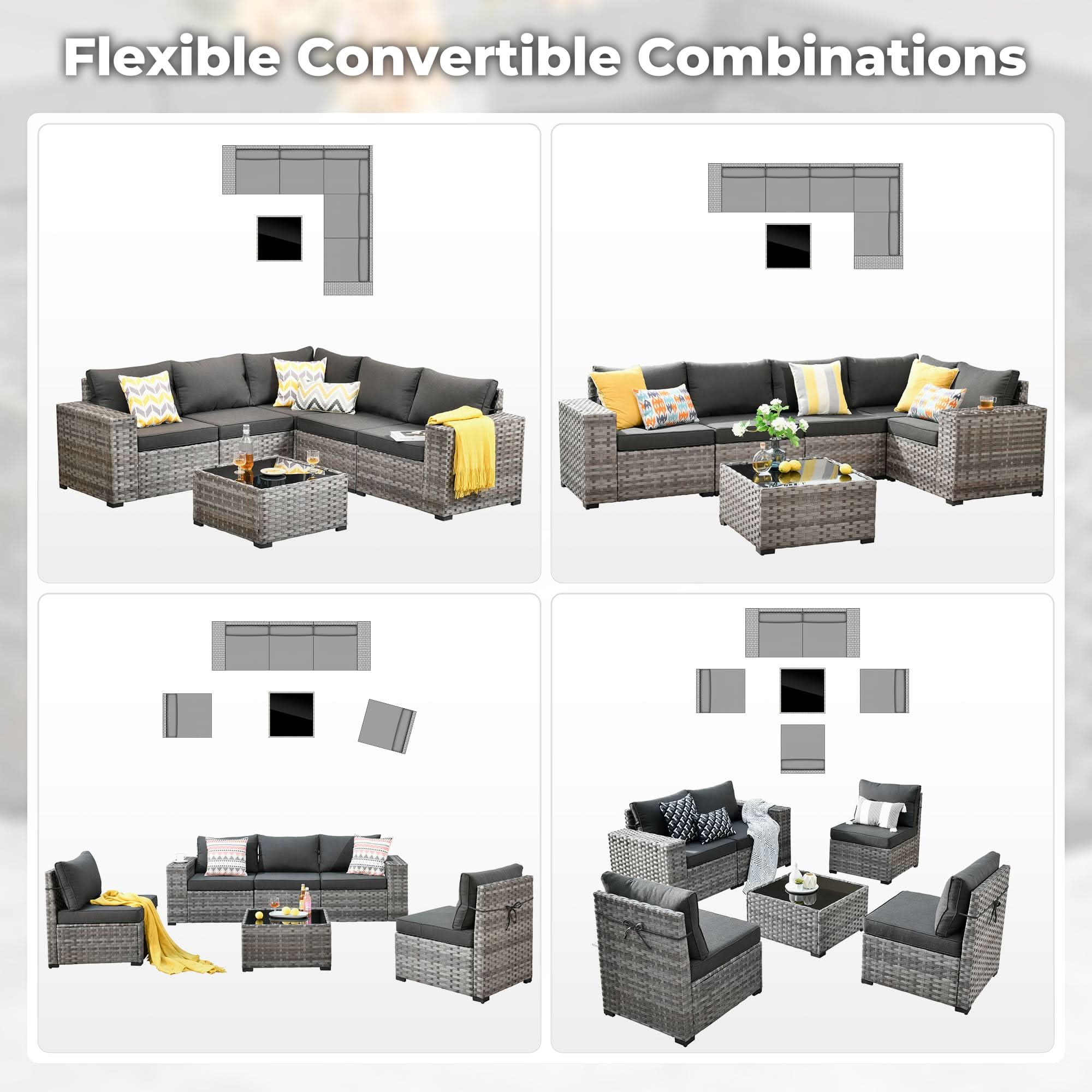 Black | OVIOS 6-piece grey wicker outdoor sectional sofa, 4 flexible configurations shown with layout diagrams.