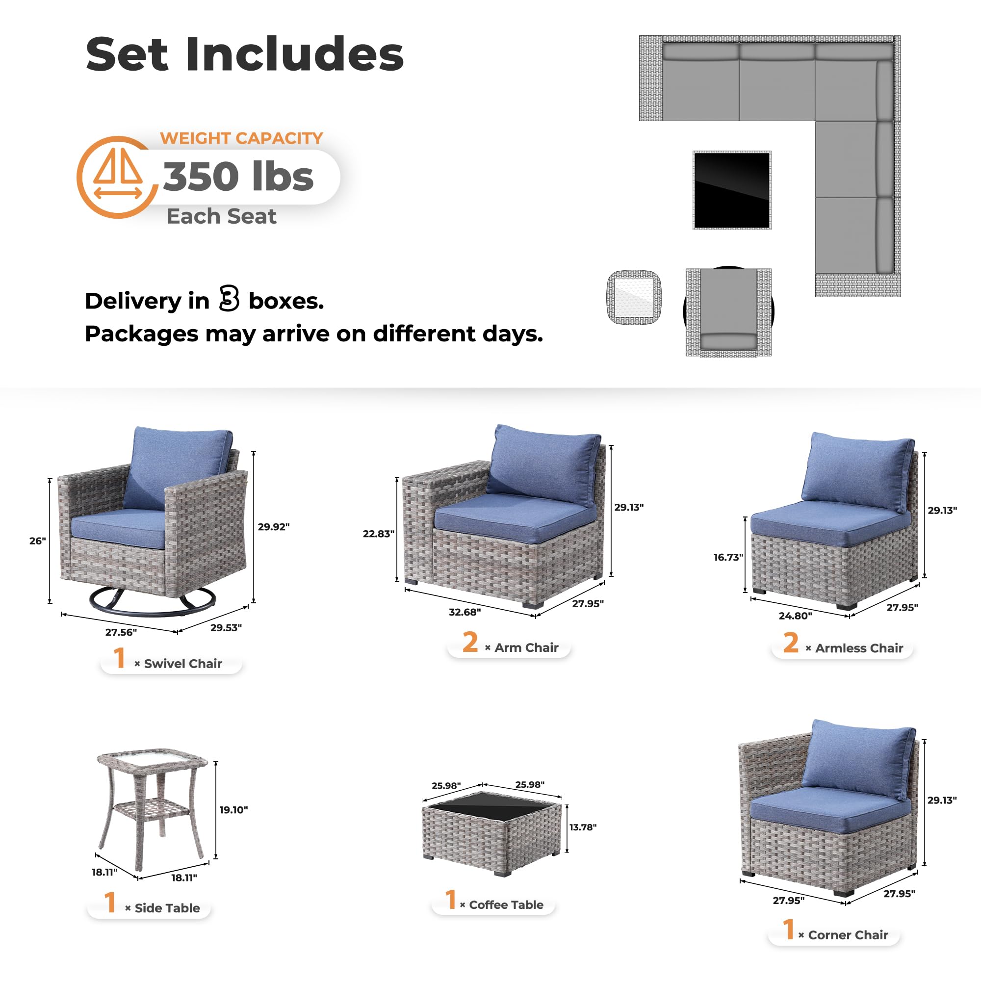 Denim Blue Ovios 8-piece outdoor patio set diagram: sectional sofa, swivel, arm & armless chairs, tables, dimensions.