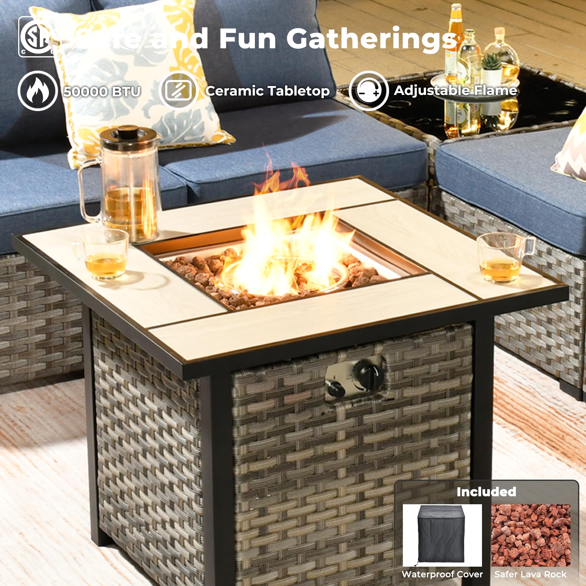 OVIOS fire pit table with gray wicker, ceramic top, adjustable flame, and blue cushions for outdoor gatherings.
