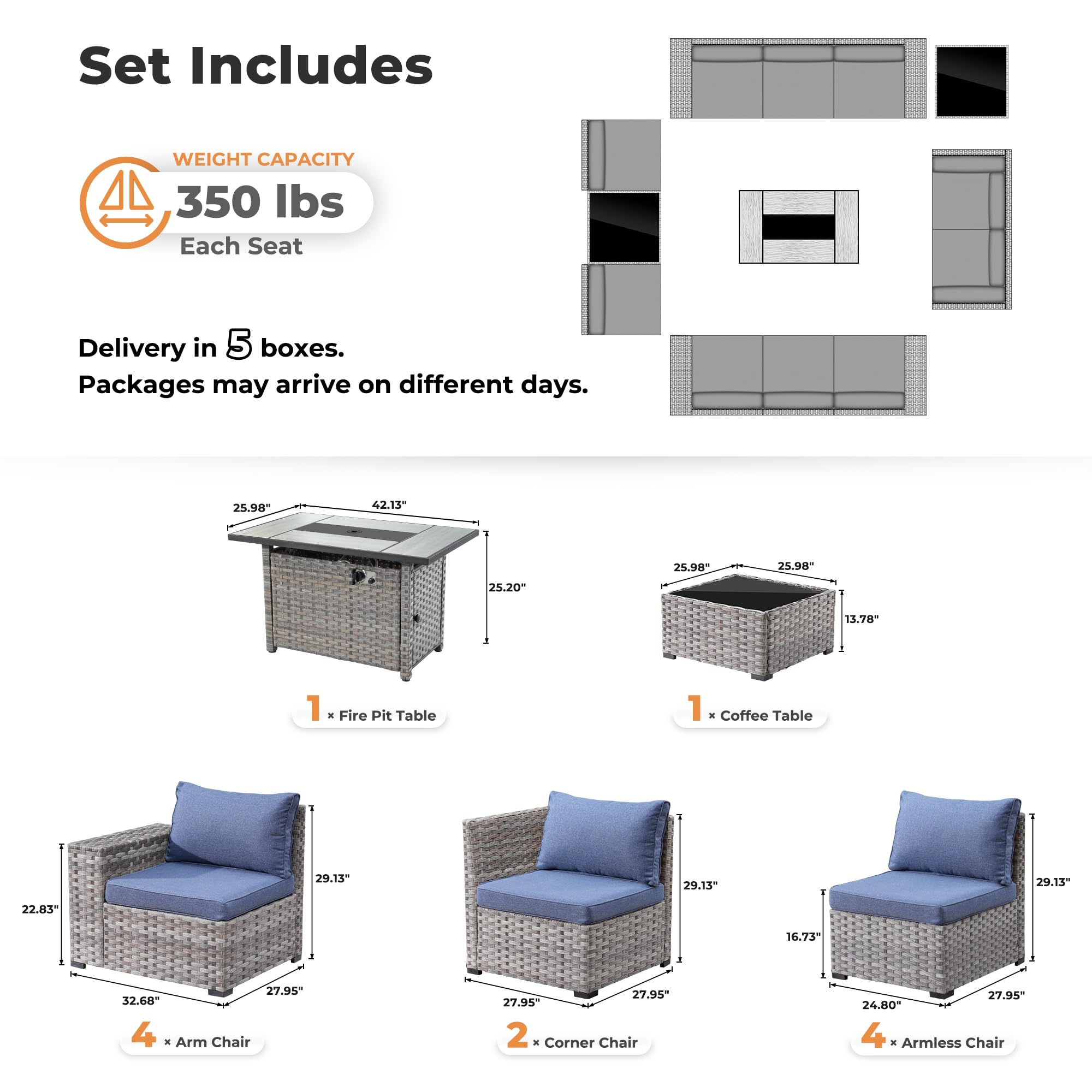 Ovios 13 Pieces Outdoor Furniture with 7.68'' Broad Handrails and Rectangle 42.12'' Fire Pit Table