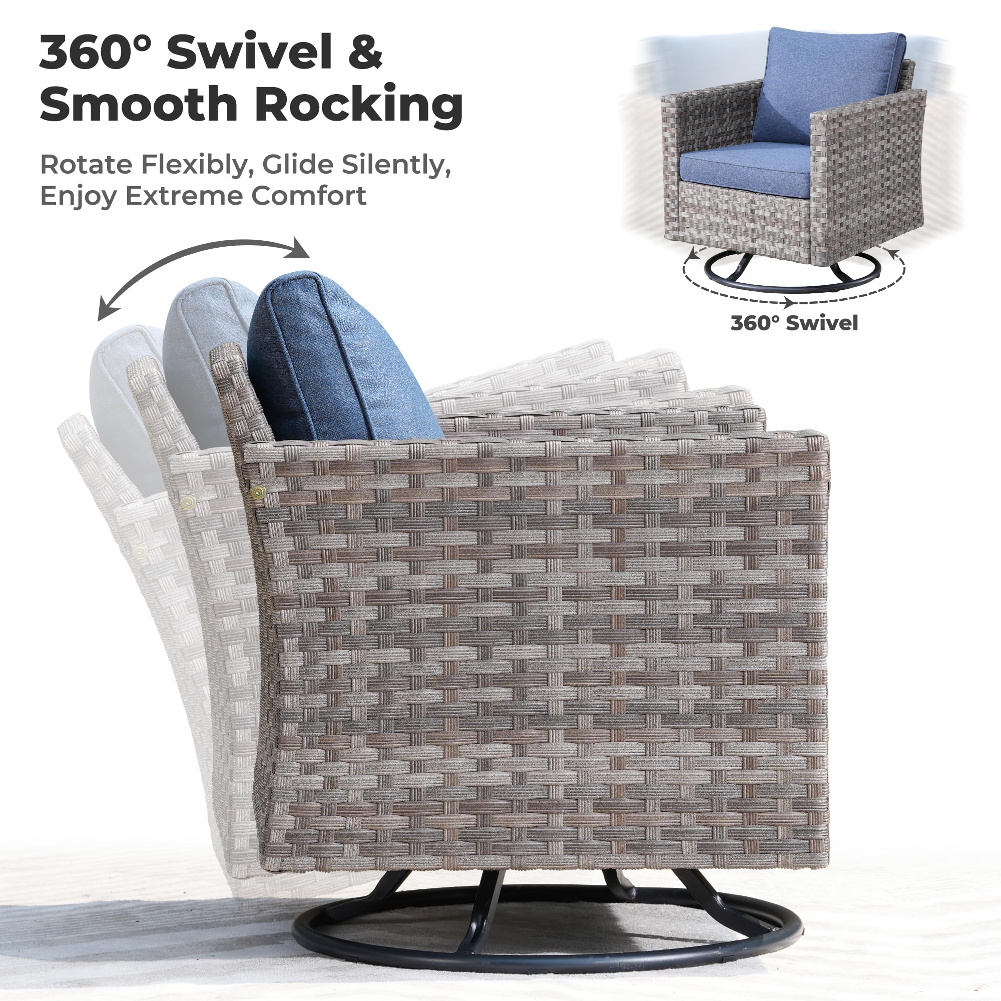 OVIOS Swivel Chair with 360° Rotation and Smooth Rocking, Gray Wicker and Denim Blue Cushions