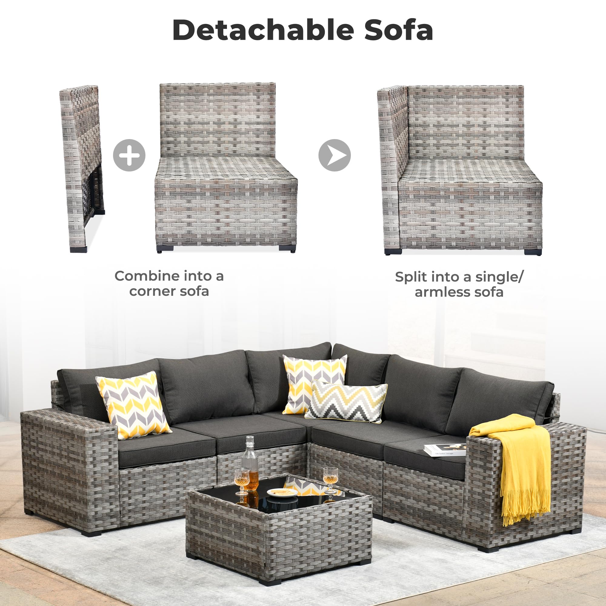 OVIOS Detachable Sectional Sofa, gray wicker, convertible corner or single sofa, patio furniture set