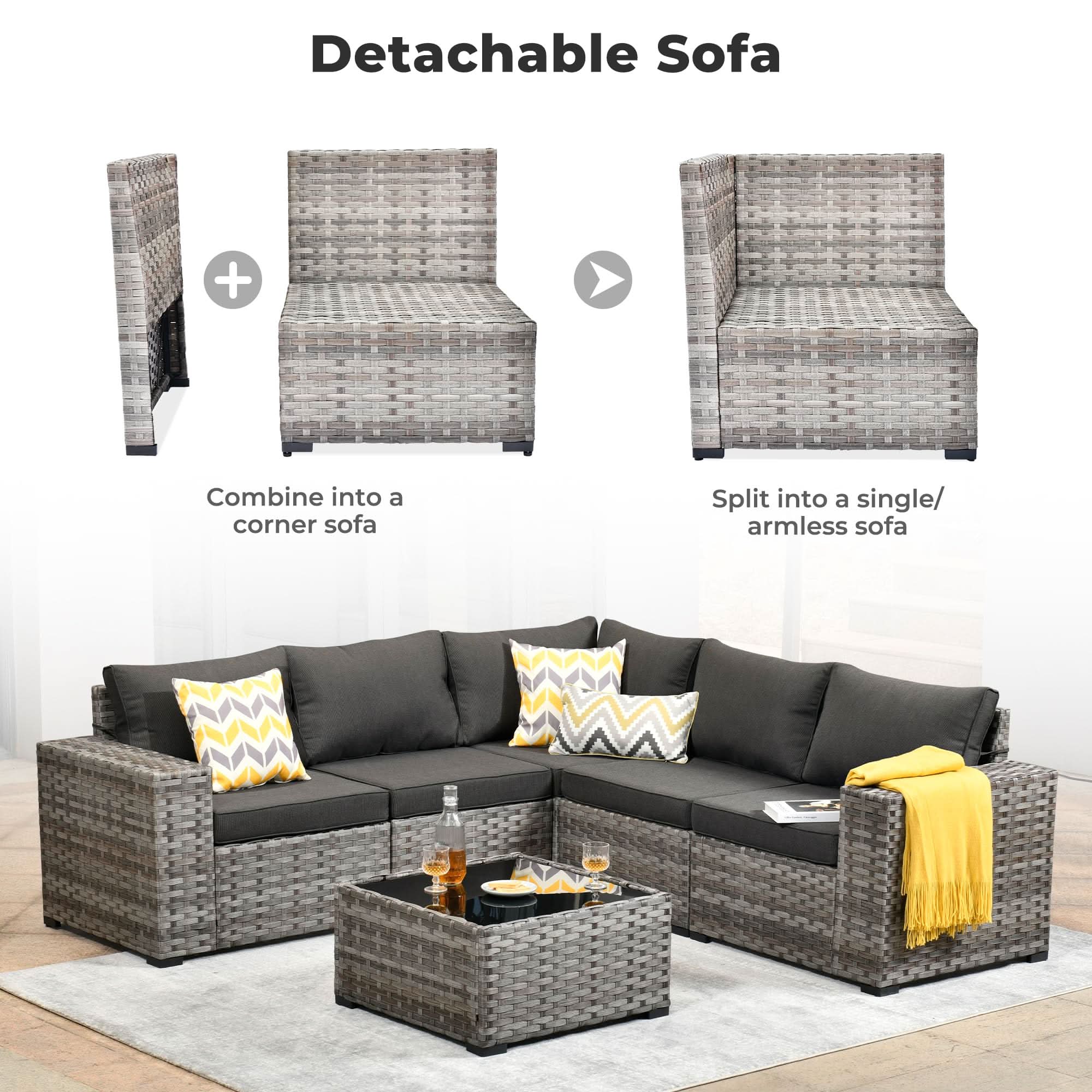 Black | OVIOS Detachable Sectional Sofa, gray wicker, convertible corner or single sofa, patio furniture set
