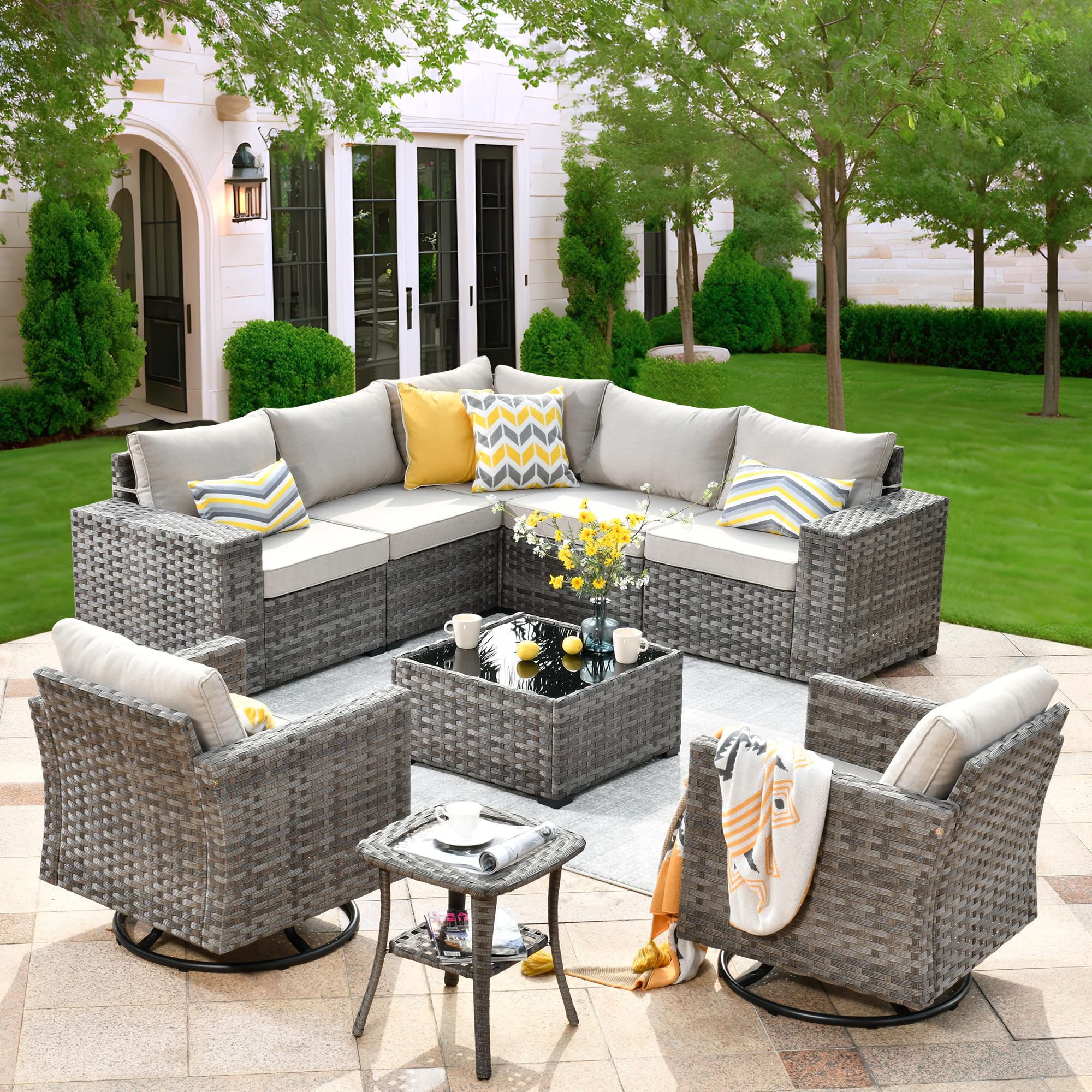 Beige | OVIOS gray wicker outdoor furniture set with swivel chairs and cushions, perfect for patio relaxation