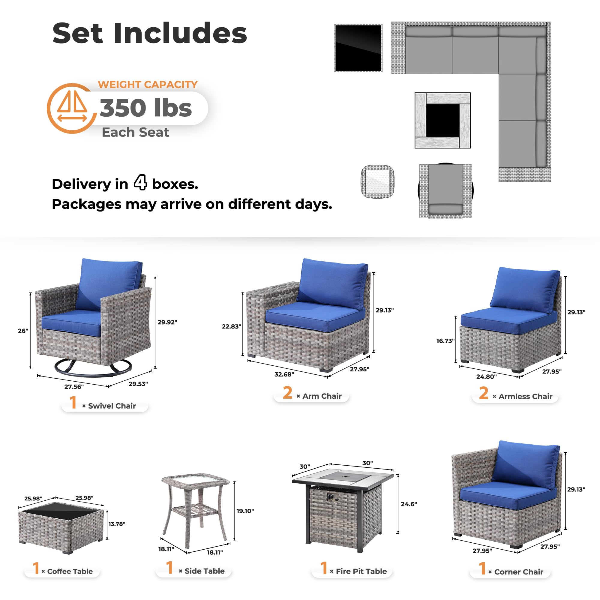 Navy Blue Ovios 9-piece patio furniture set components: rattan sectional sofa, swivel chair, fire pit table, tables with dimensions.