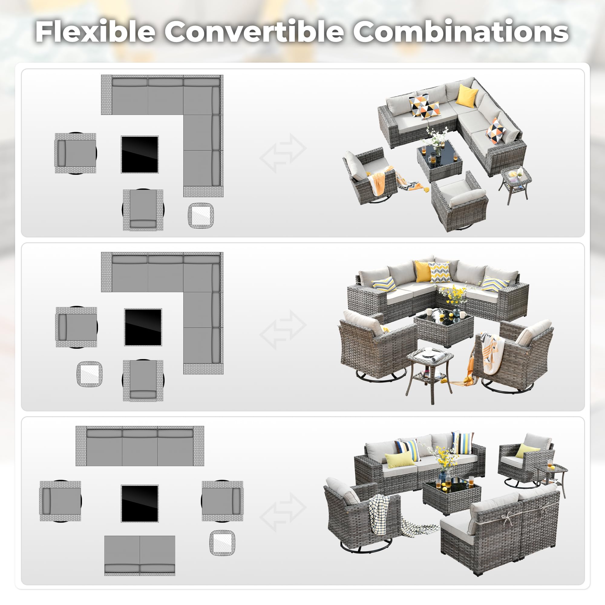 Beige | OVIOS 9-Piece Outdoor Furniture Set with Flexible Combinations, gray wicker patio furniture.