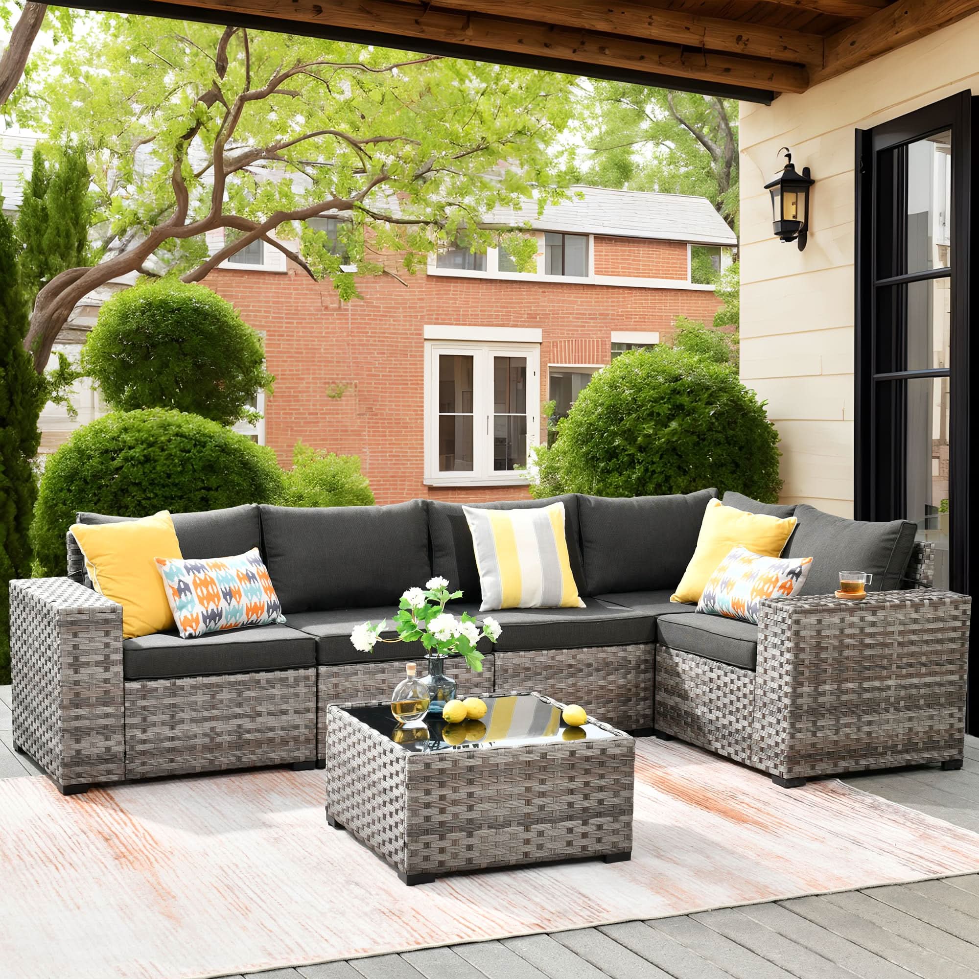 Black | OVIOS outdoor sectional sofa with gray wicker frame and cushions, patio furniture set