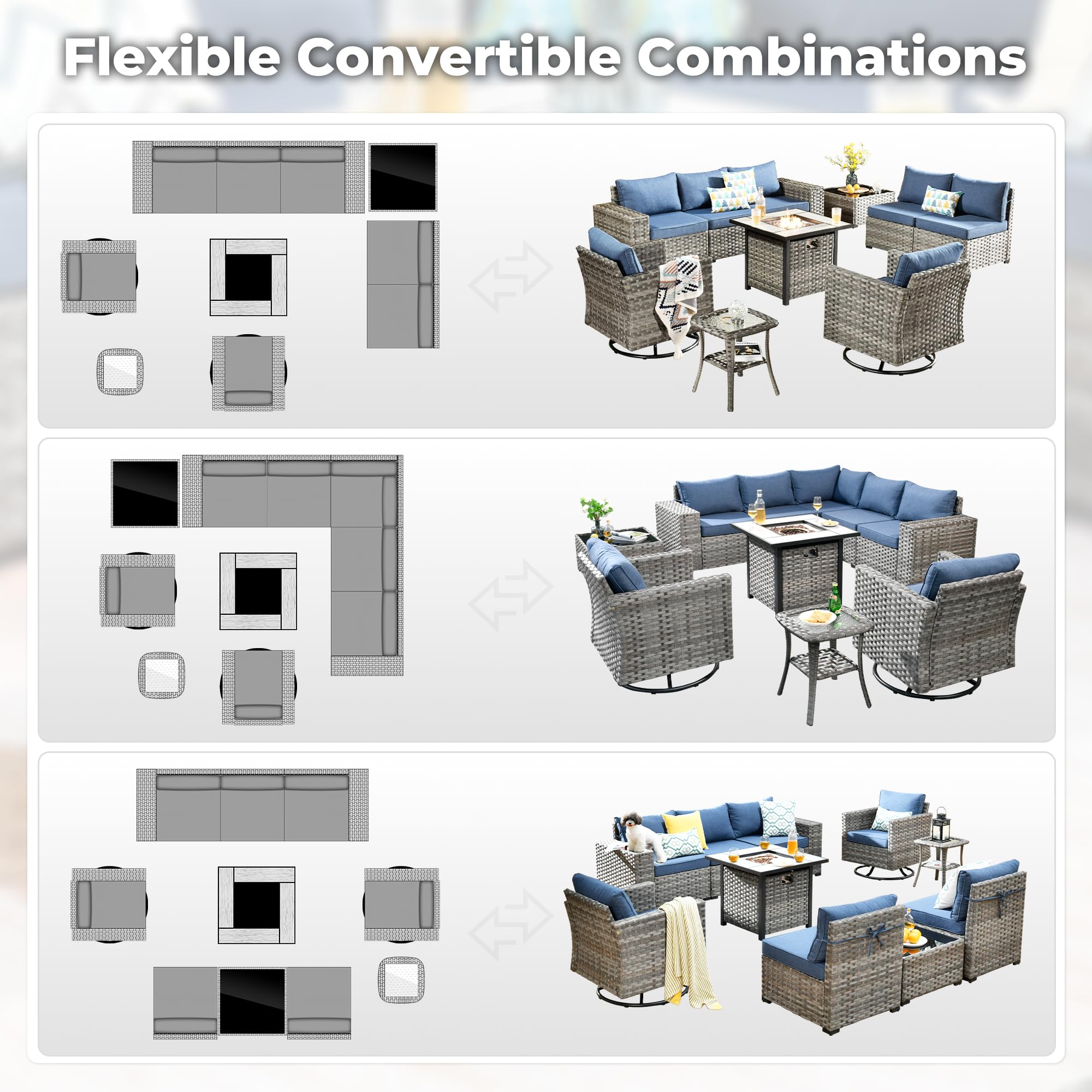 Flexible OVIOS patio set with gray wicker sectional, fire pit table, swivel chairs, and blue cushions