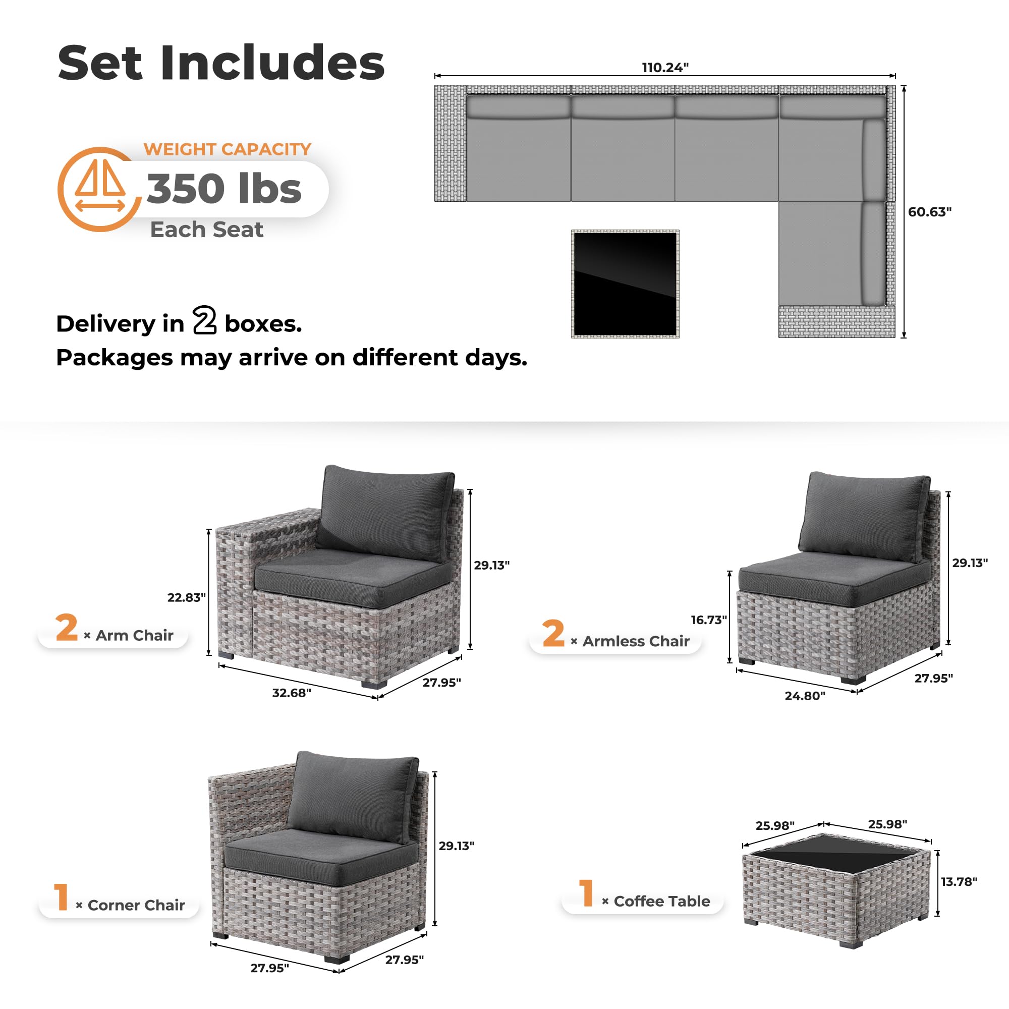 OVIOS 6-Piece Outdoor Sectional Sofa dimensions diagram with weight capacity 350lbs per seat. Delivery in 2 boxes.