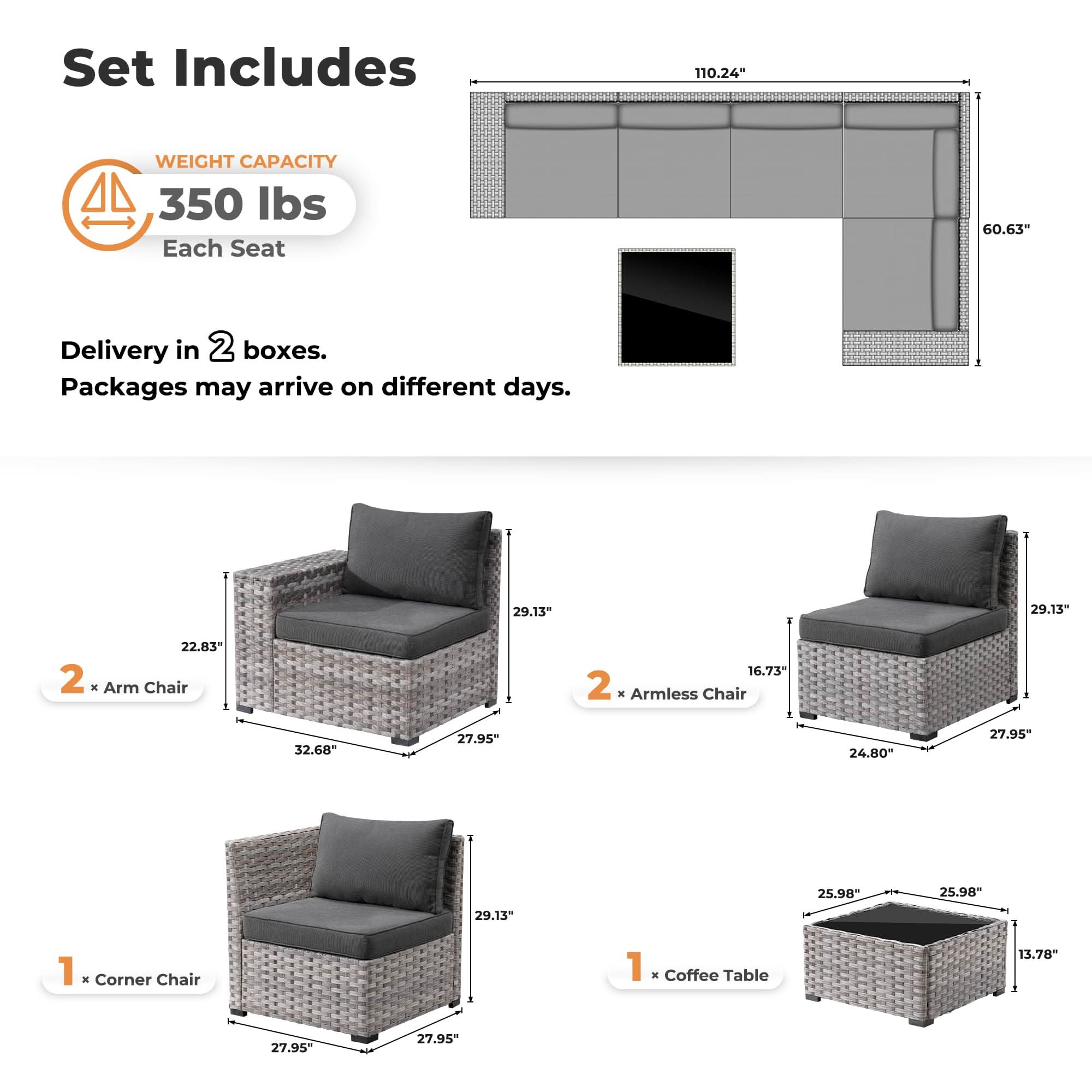 OVIOS 6-piece grey wicker outdoor sectional sofa layout, dimensions, and components diagram.